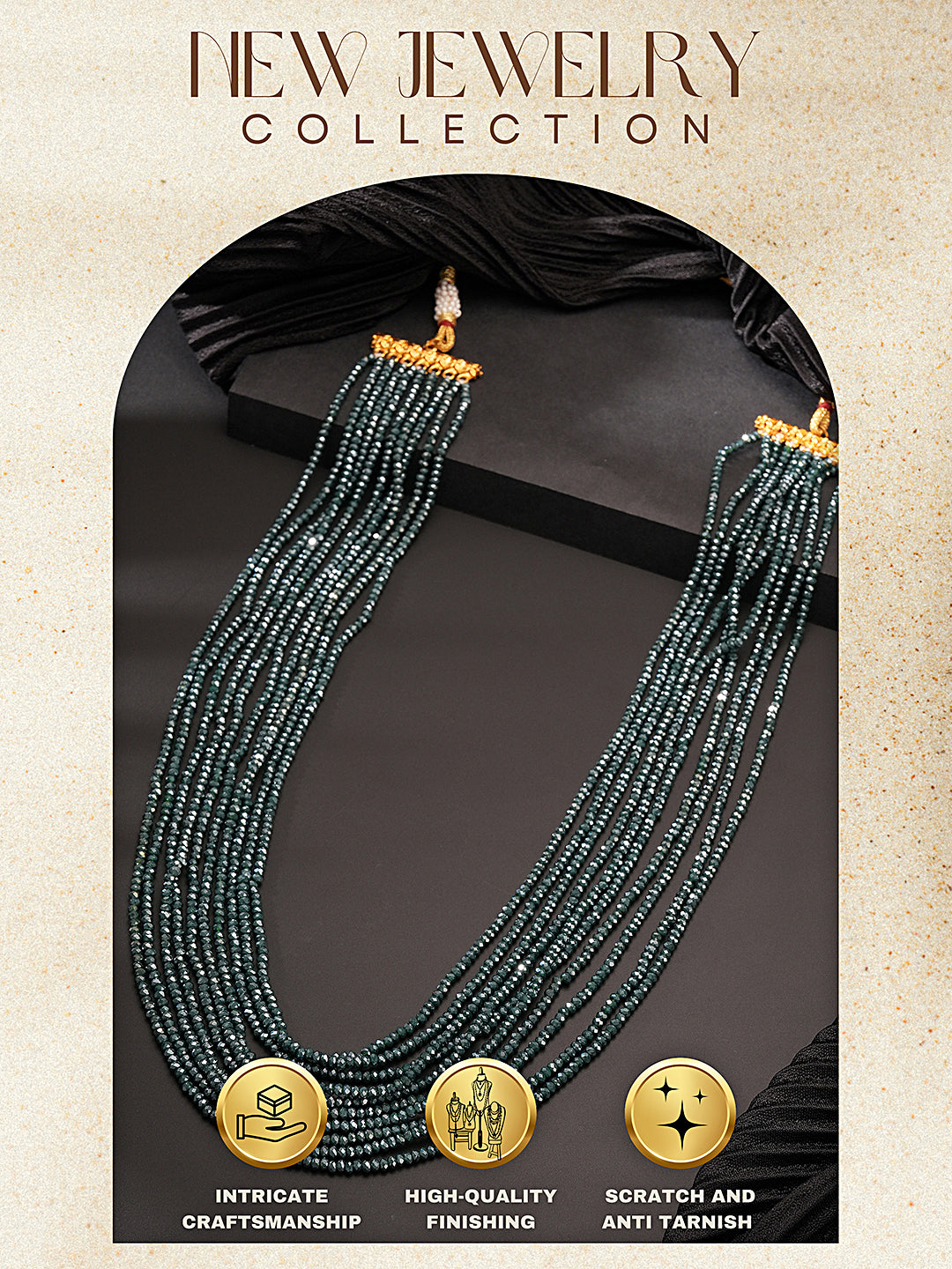 Multi-Layered Emerald Green Beaded Necklace with Gold Finish Jewellery for Women