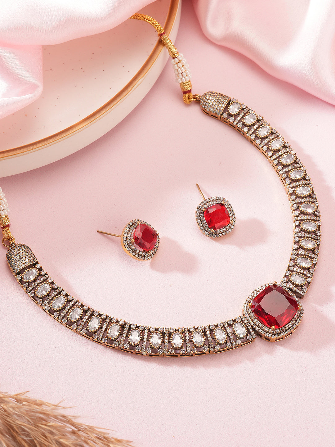 Oxidised Silver Toned Ruby Red AD Zircon Studded Minimal  Kundan Choker jewellery Set