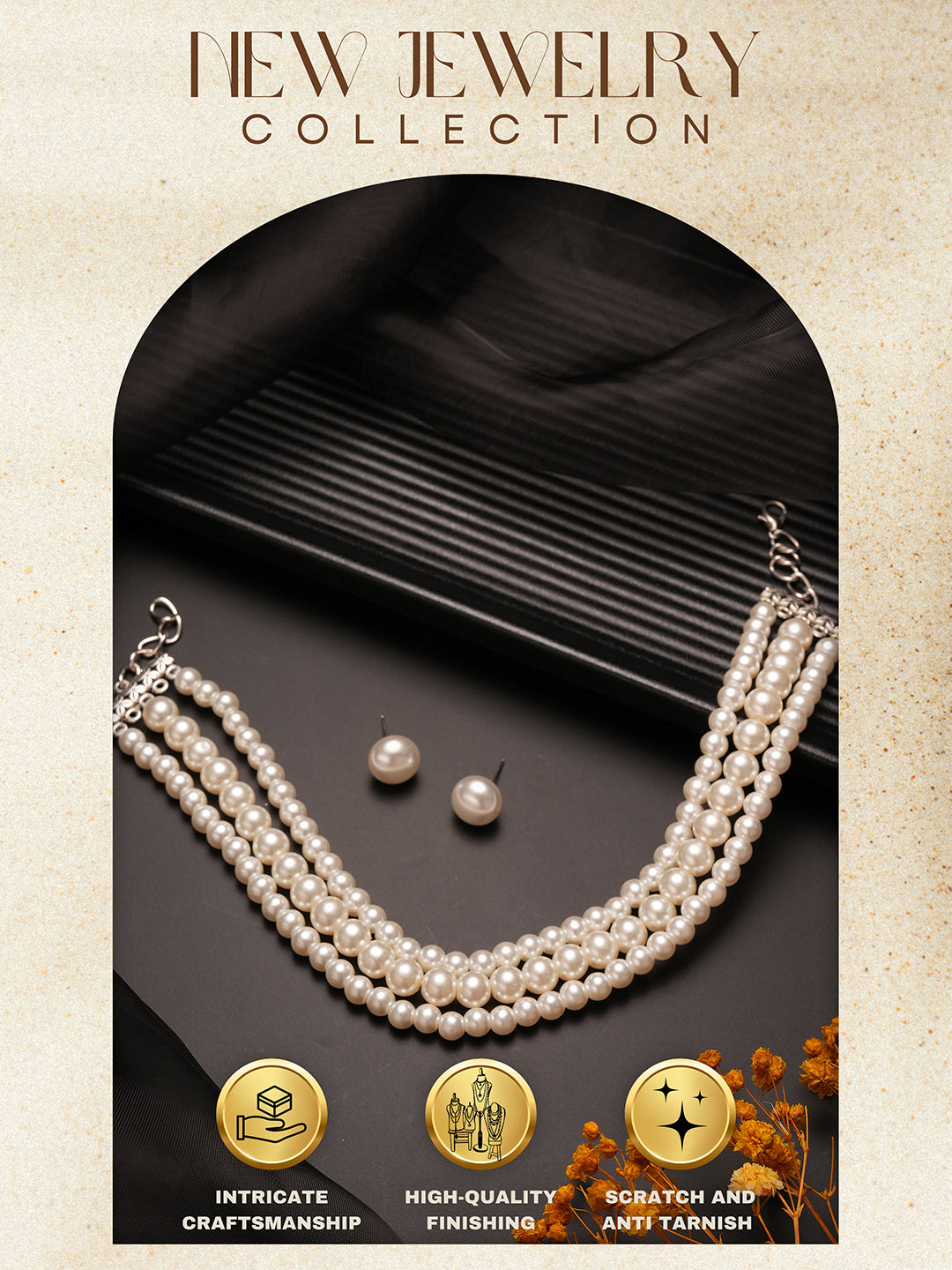 3 String Layered Pearl Beaded Statement Choker Necklace Jewellery Set