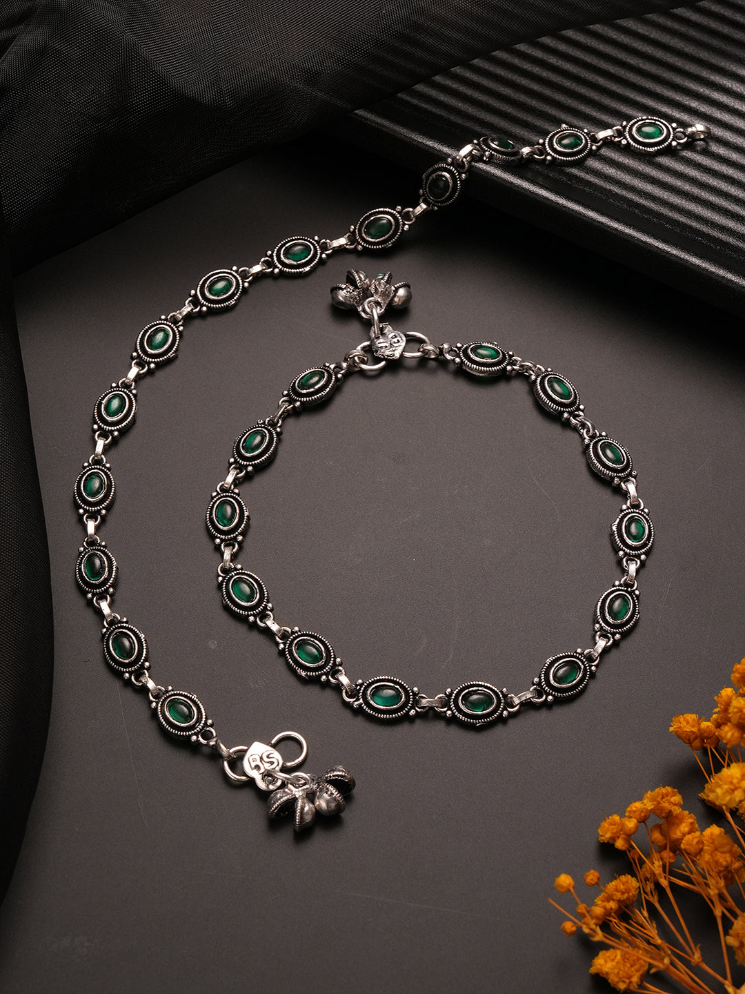 Set of 2 Silver Oxidised Emerald Green Stone Studded Oval Minimal Dailywear Anklet Payal