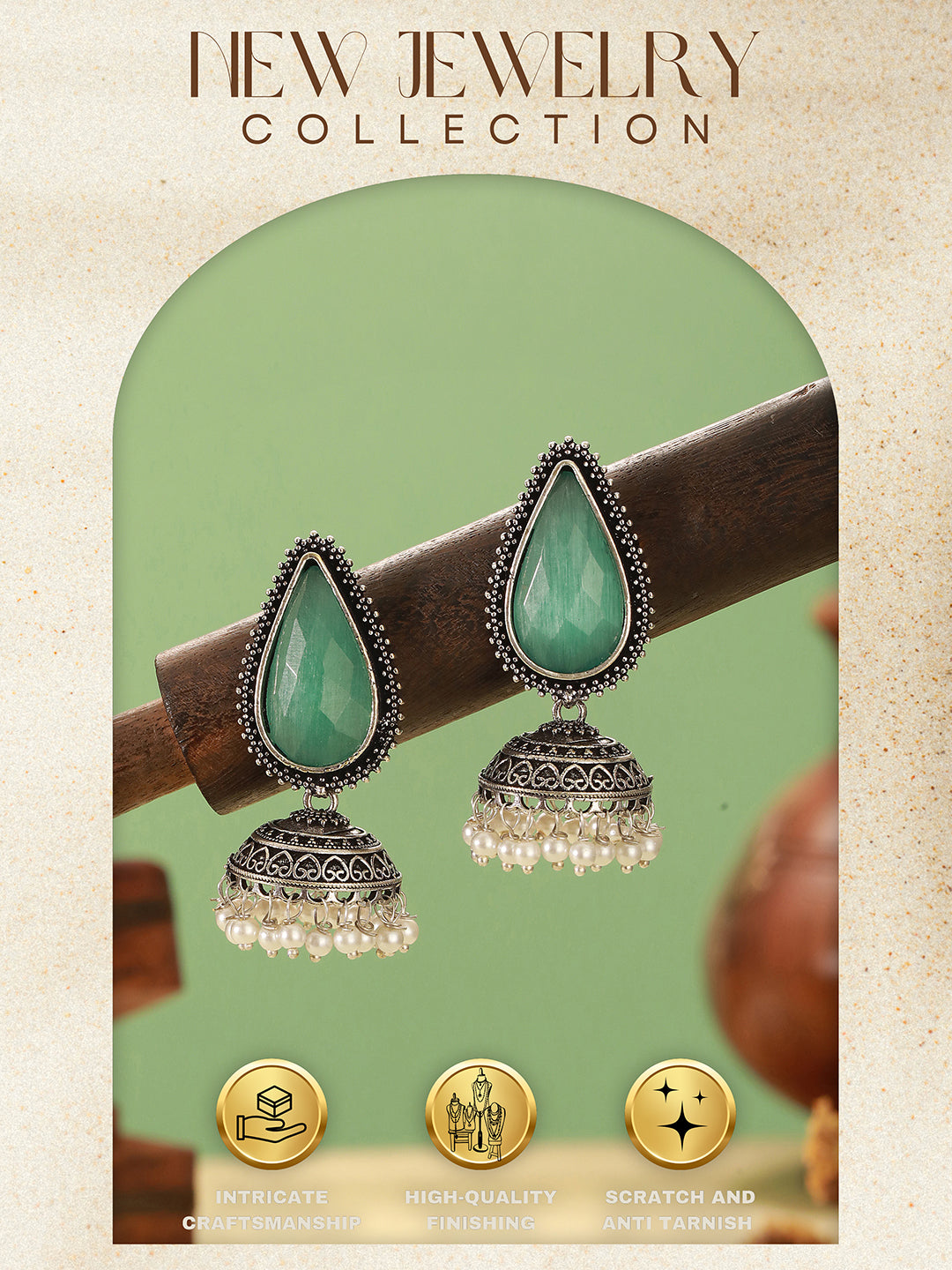 Oxidised Silver-Toned Green Stone & Pearl Beaded Teardrop Stone Handcrafted Jhumka Earrings