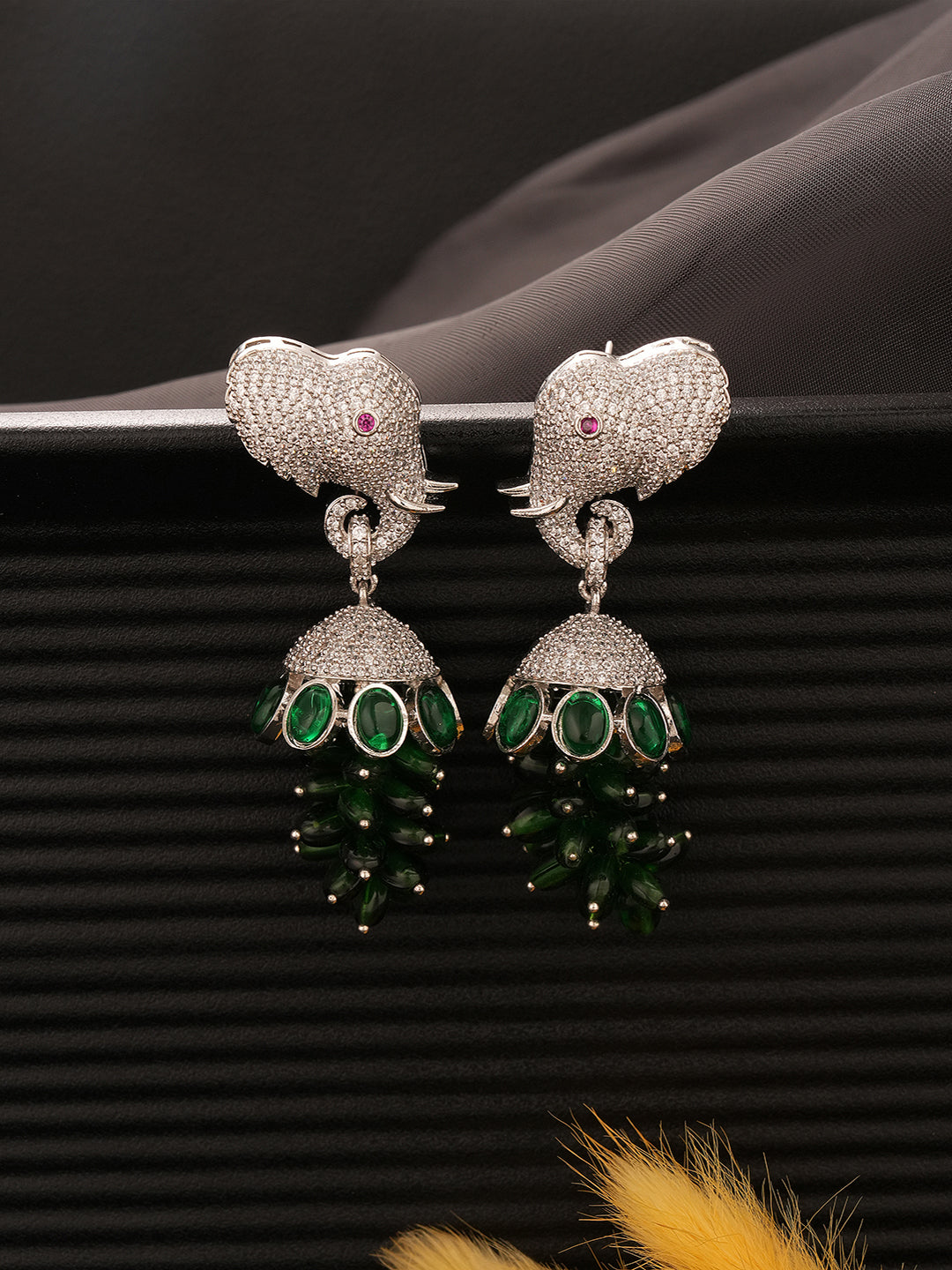 Silver Plated Green Emerald Green AD Zircon Studded Designer Elephant Motif Dangler Earrings