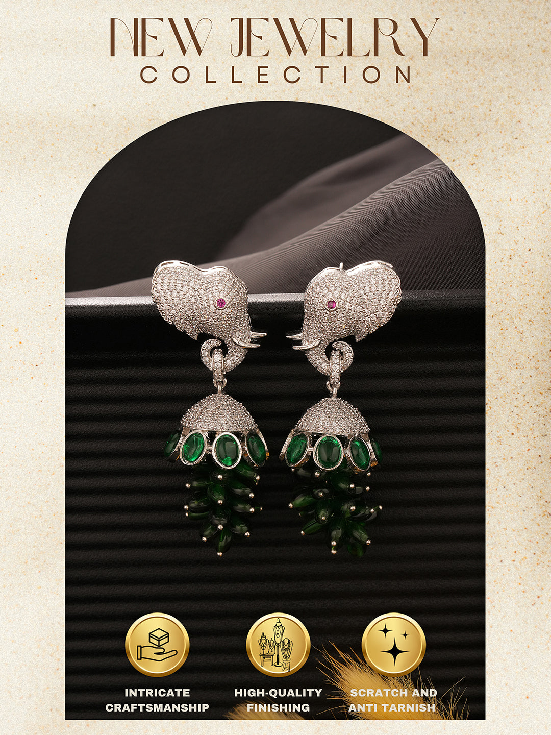 Silver Plated Green Emerald Green AD Zircon Studded Designer Elephant Motif Dangler Earrings