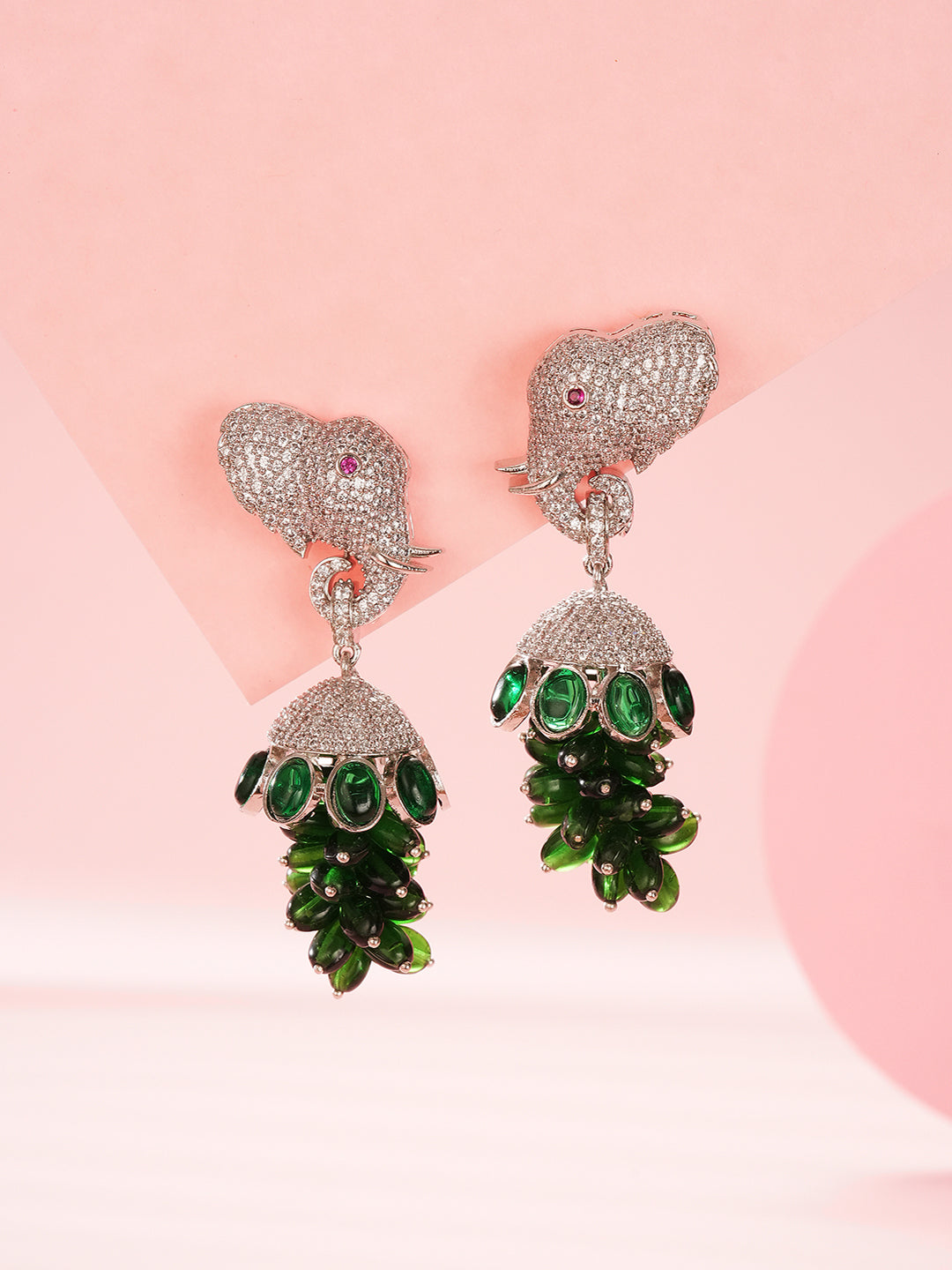 Silver Plated Green Emerald Green AD Zircon Studded Designer Elephant Motif Dangler Earrings