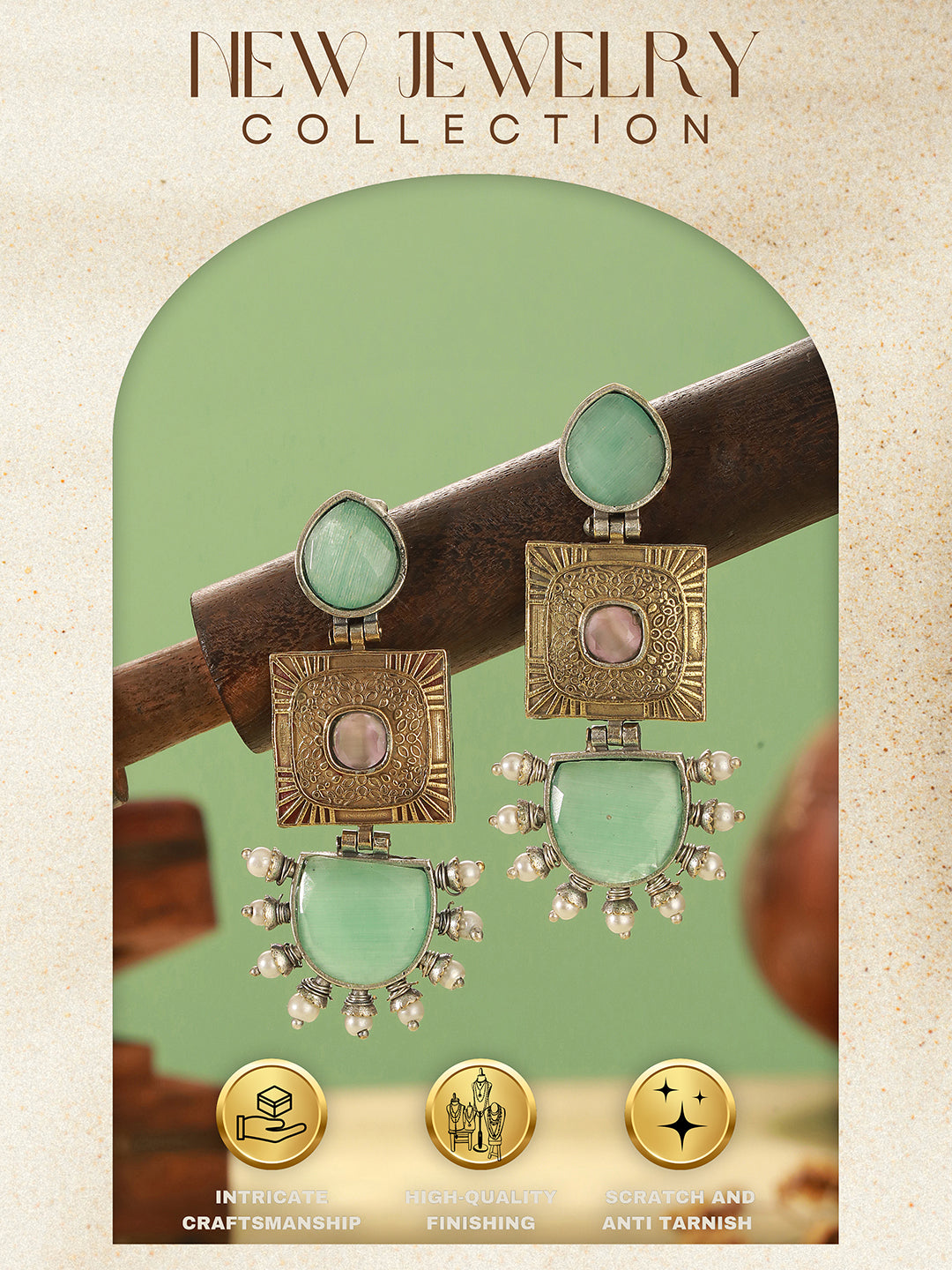 Oxidised Gold Toned Mint Stone Studded Contemporary Tribal Long dangler Earrings