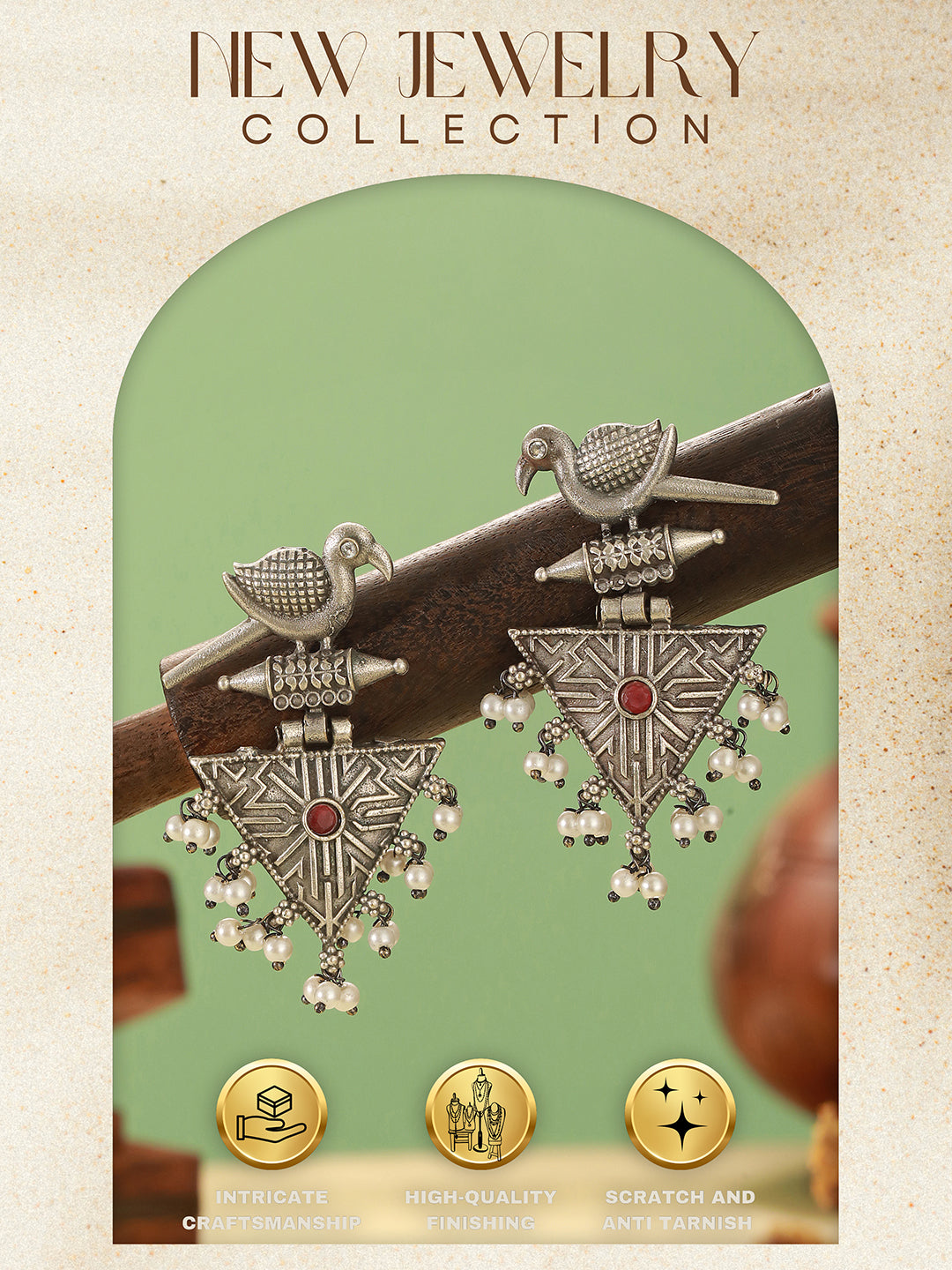 Oxidised Silver Toned Red Stone & Pearl Beaded Drop Handcrafted  Long Dangler Minimal Statement Earrings