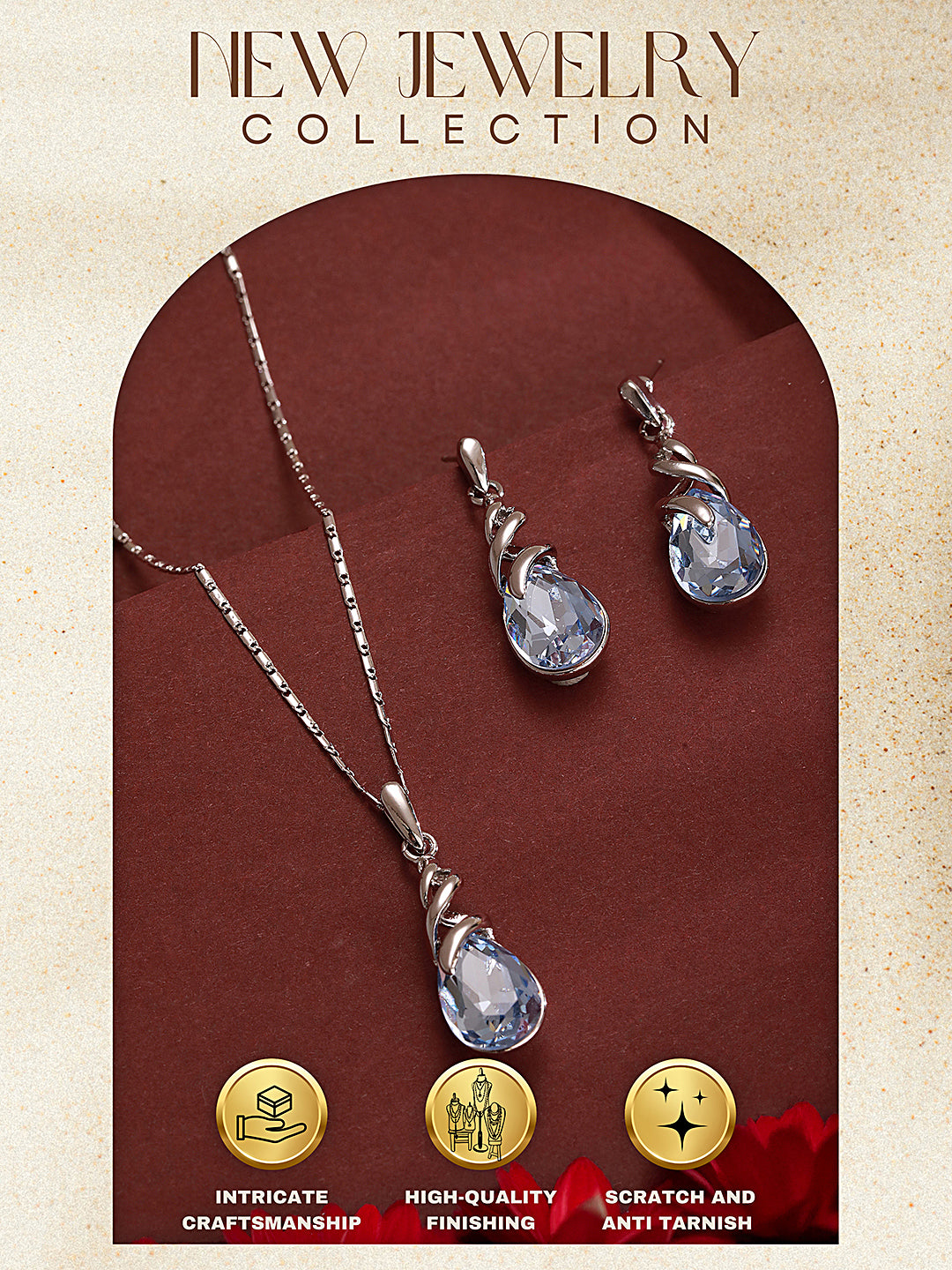 Elegant Blue Teardrop Pendant Necklace & Earrings Set