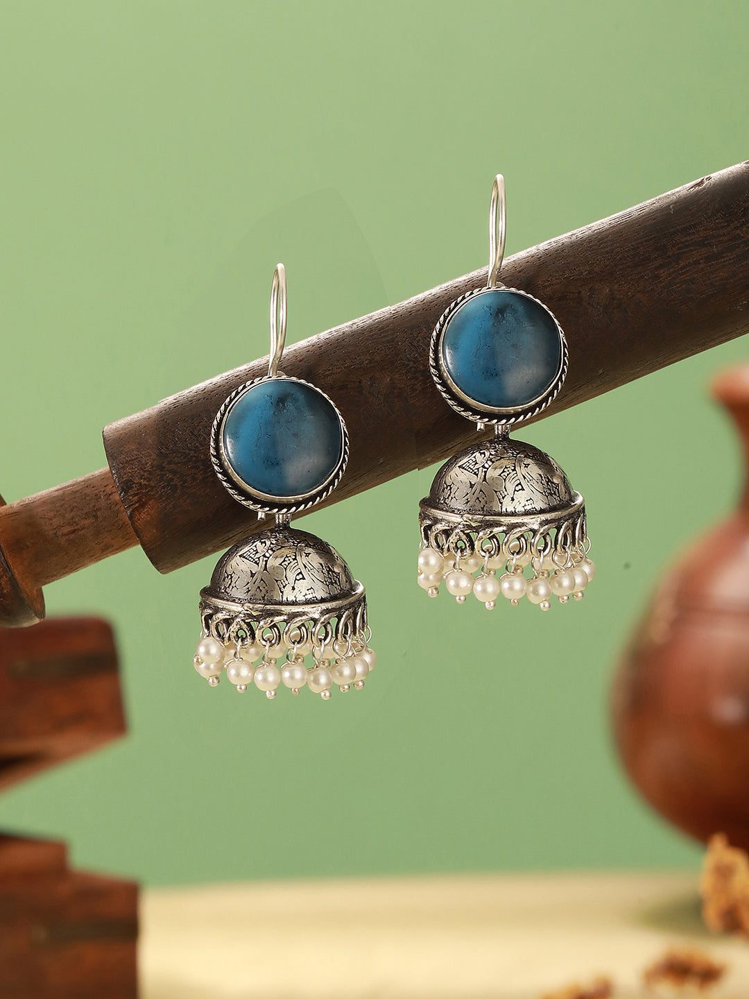 Oxidised  Silver Toned Ice Blue Stone  Fish Hook Contemporary  Jhumka Earrings