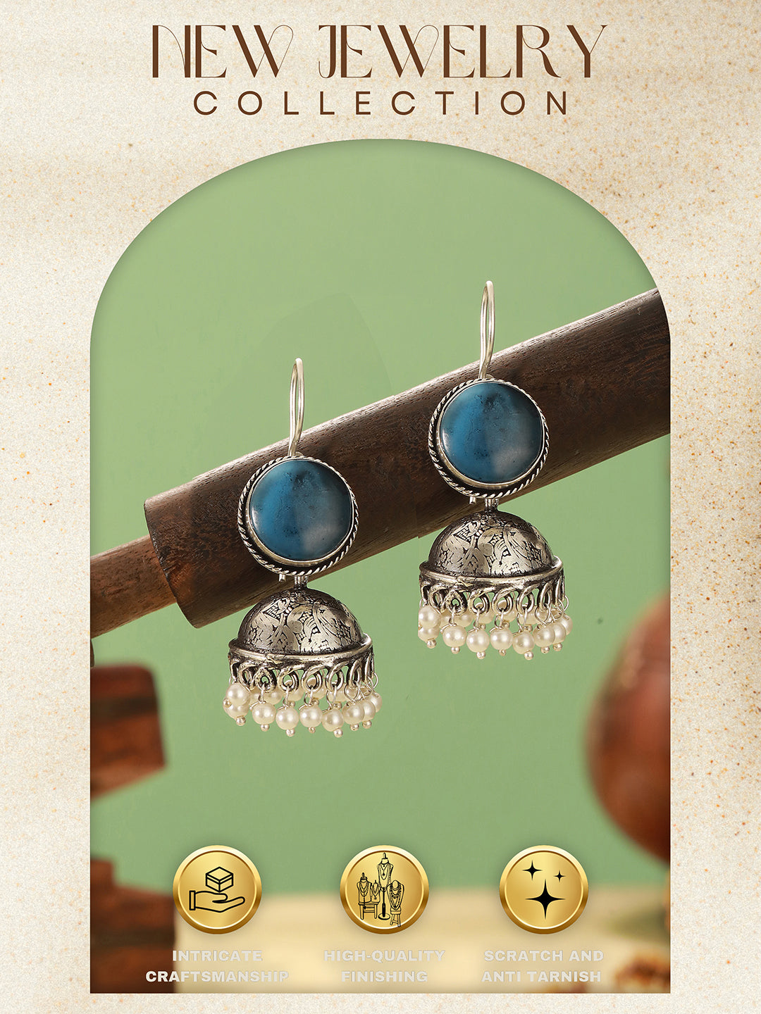 Oxidised  Silver Toned Ice Blue Stone  Fish Hook Contemporary  Jhumka Earrings