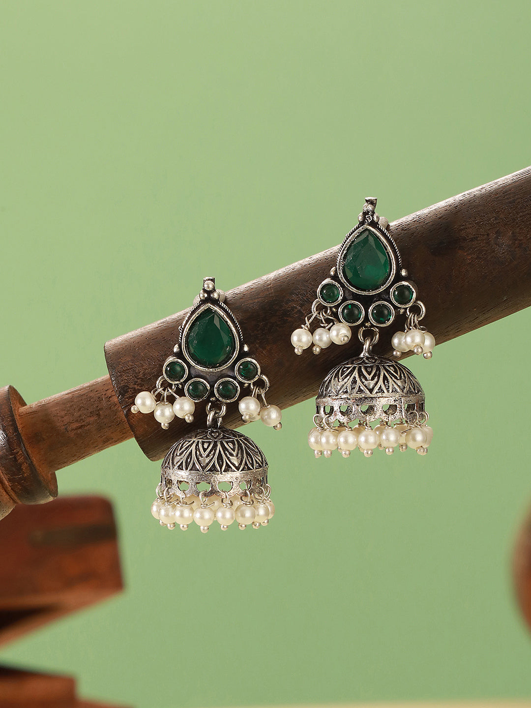 Oxidised Silver Toned Emerald Green AD Zircon & Pearl Beaded Dangler Minimal  Jhumka Earrings