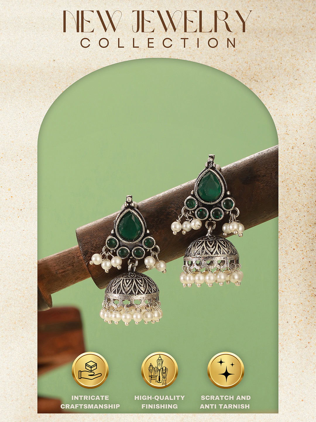 Oxidised Silver Toned Emerald Green AD Zircon & Pearl Beaded Dangler Minimal  Jhumka Earrings