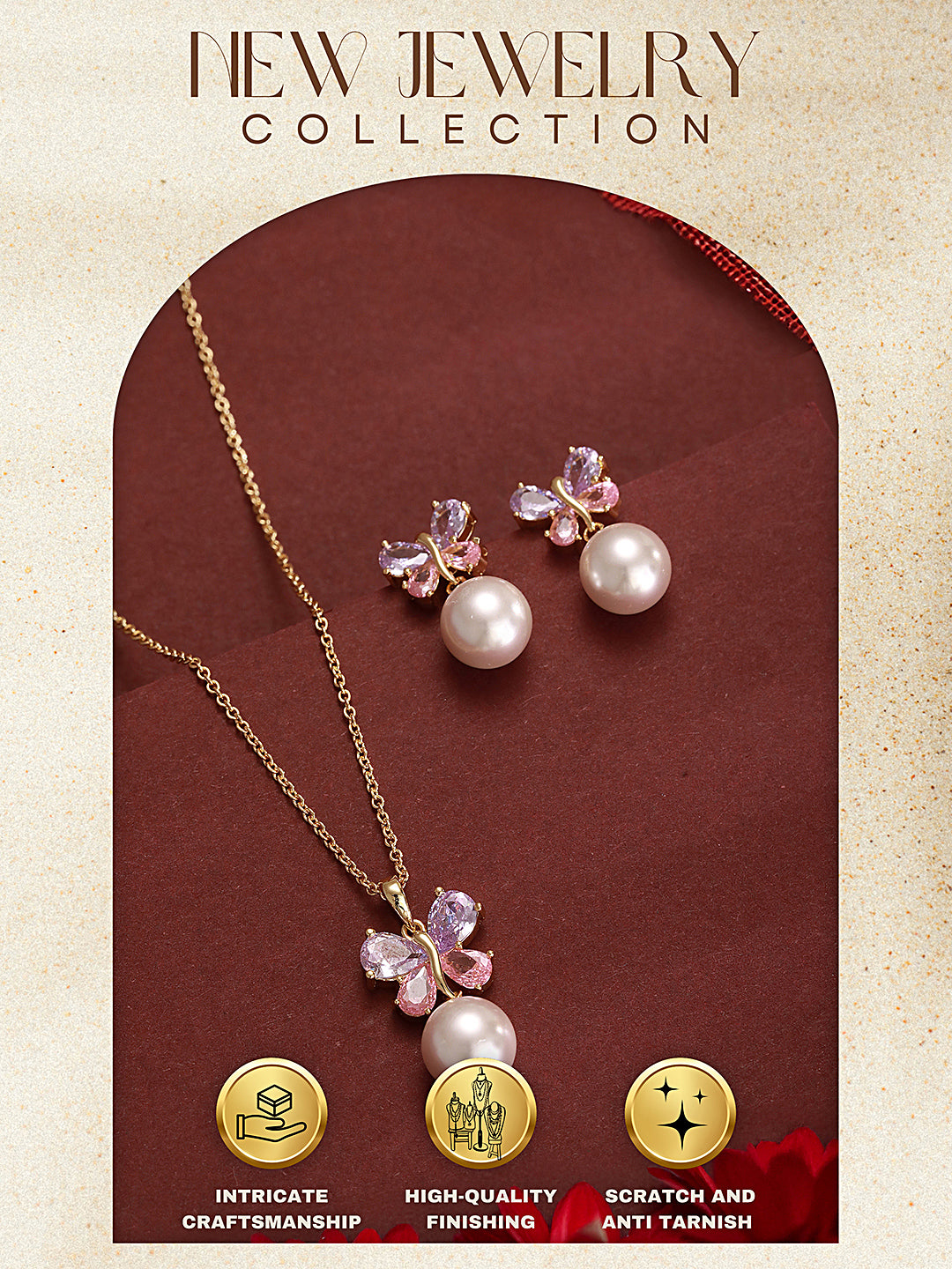 Elegant Butterfly Pearl Pendant Necklace & Earrings Set for Women
