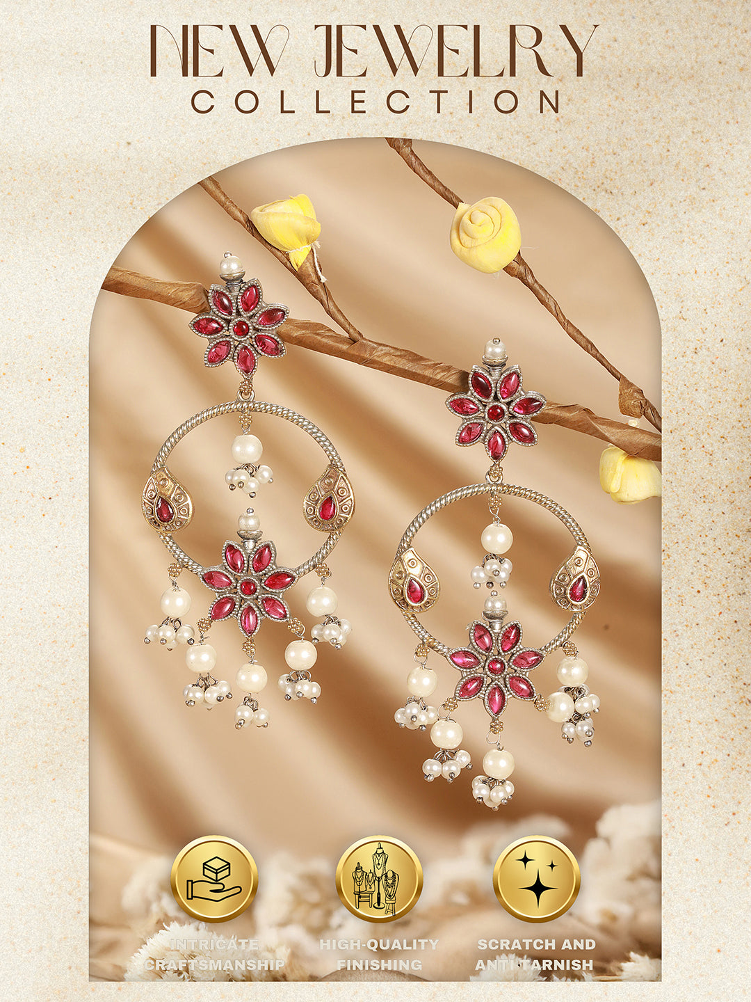 Antique Gold-Toned Pink Stones With Pearl Drop  Floral Hoop Contemporary  Earrings