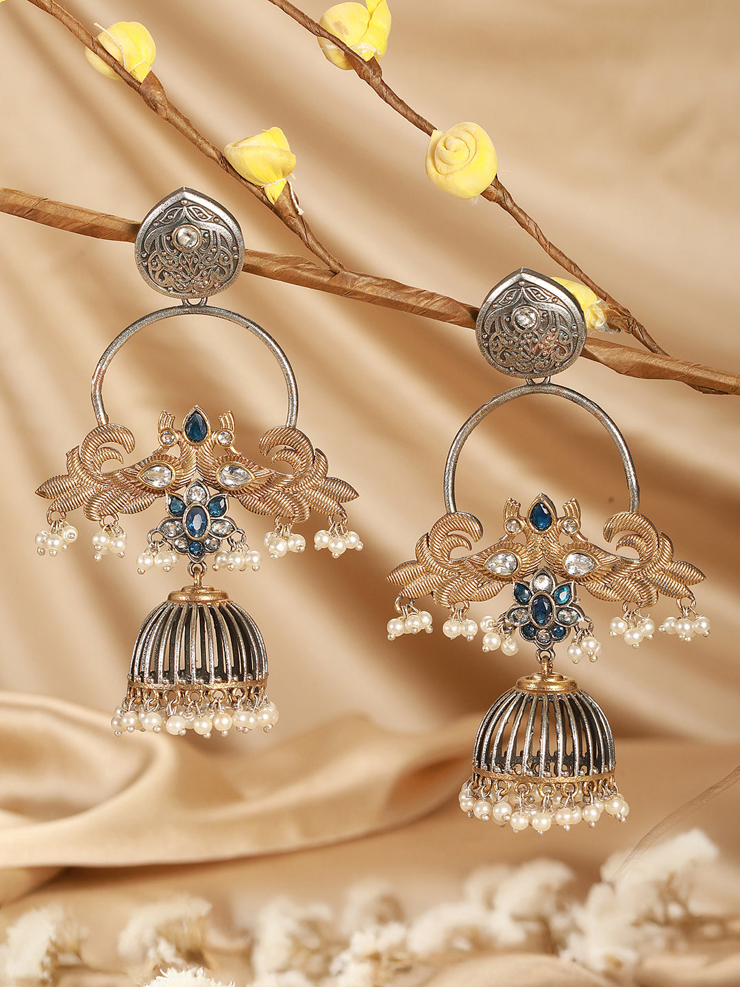 Oxidised Dual Toned Pearl Beaded Floral Peacock  Design Contemporary  Hoop Jhumka Earrings