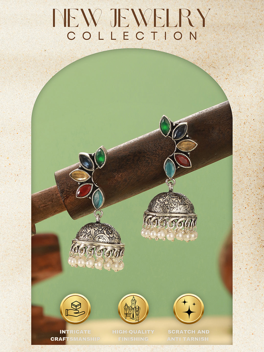 Oxidised Silver Toned Multicolored Handcrafted C Shaped Dangler Minimal  Jhumka Earrings