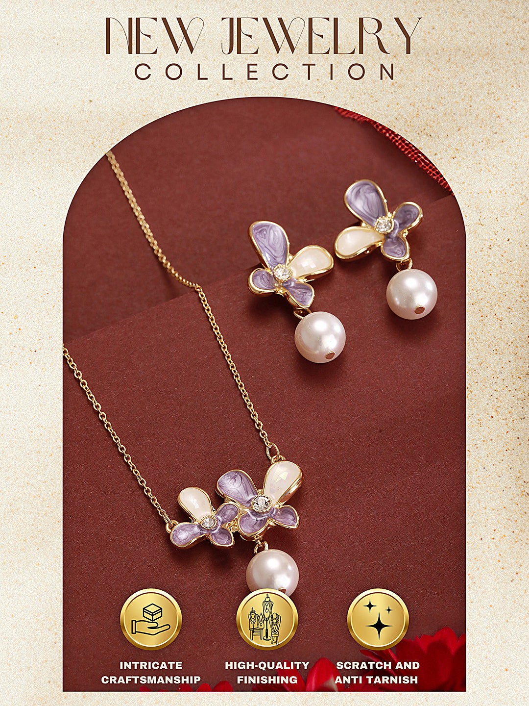 Floral Butterfly Pearl Pendant Necklace & Earrings Set