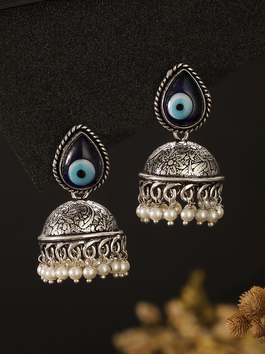 Oxidised Silver Toned Evil Eye Handcrafted  Minimal Trendy Jhumka Earrings