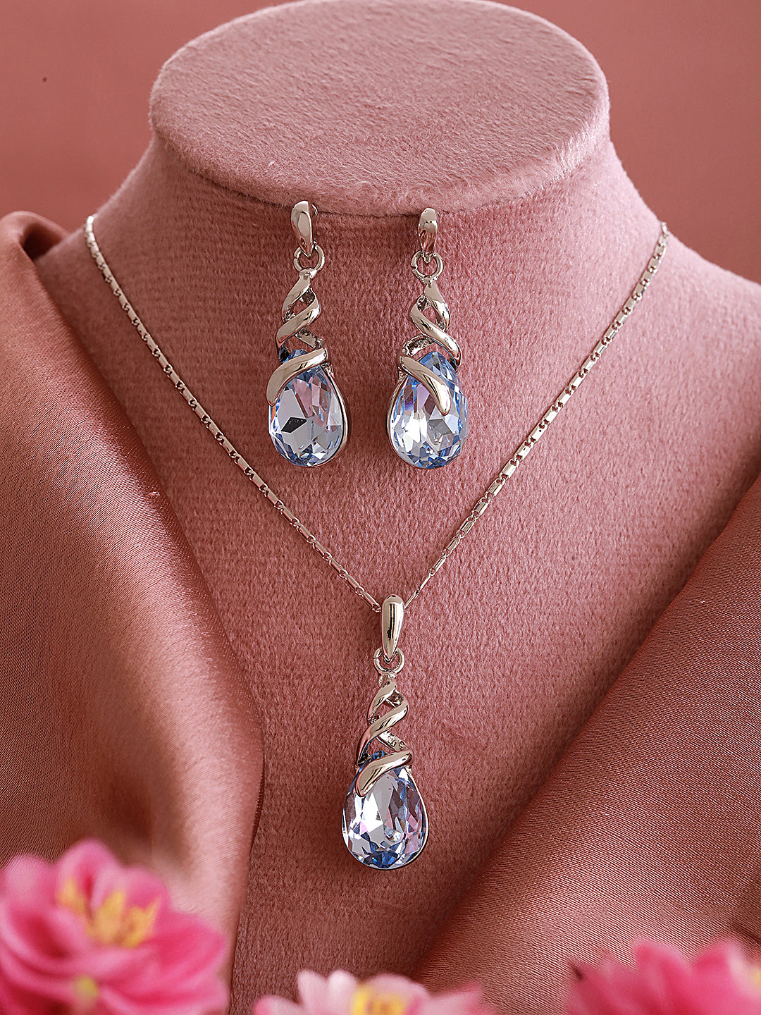 Elegant Blue Teardrop Pendant Necklace & Earrings Set