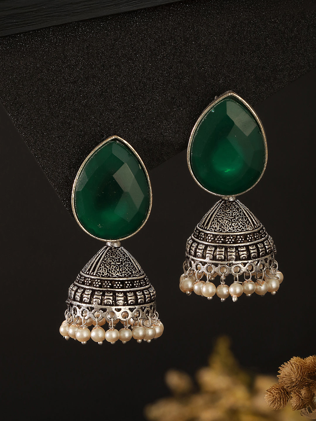 Oxidised Silver Toned Emerald Green Stone & Pearl Beaded Filigree Handcrafted Minimal Jhumka earrings