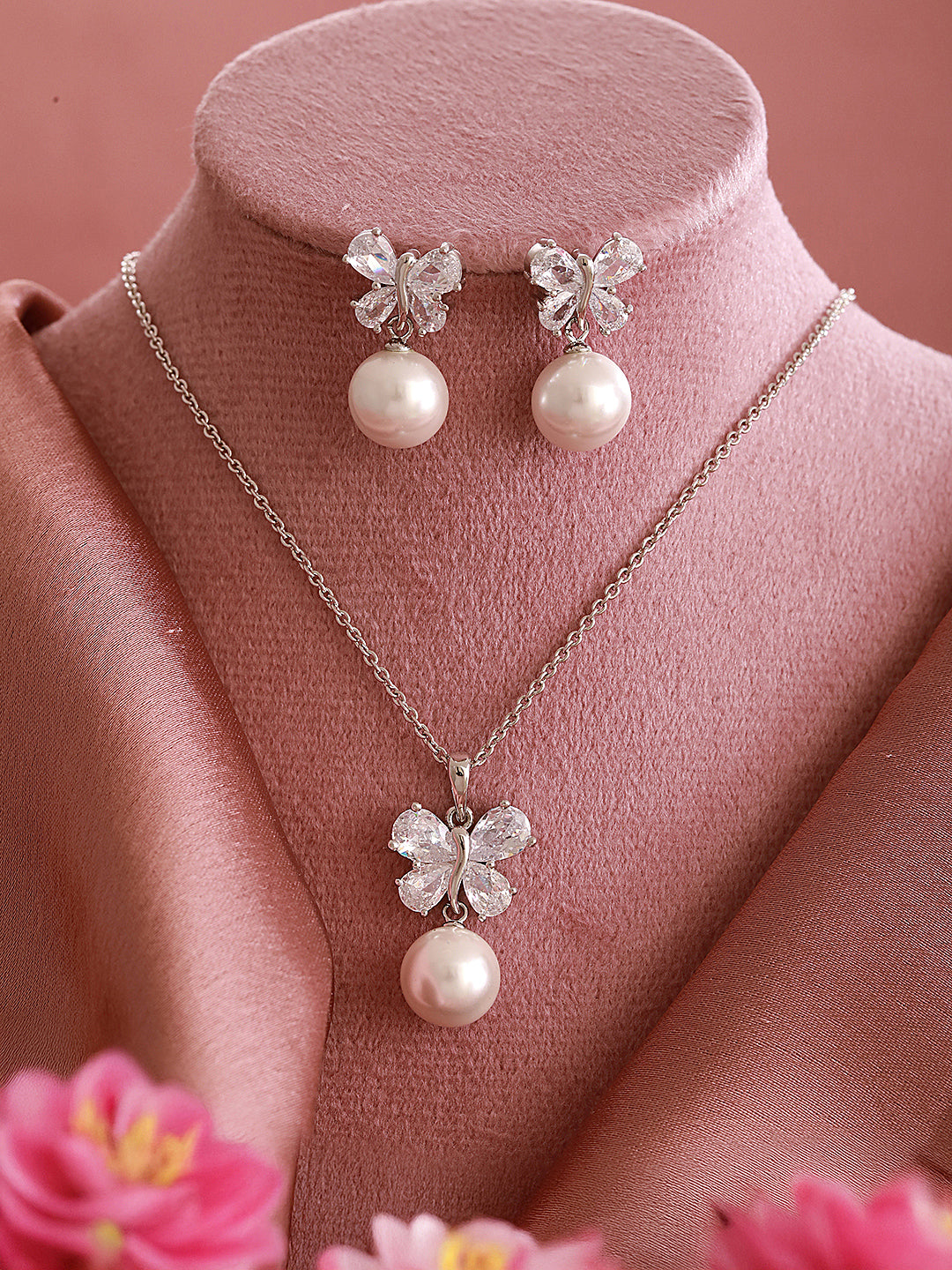 Elegant Pearl & Butterfly Pendant with Matching Earrings