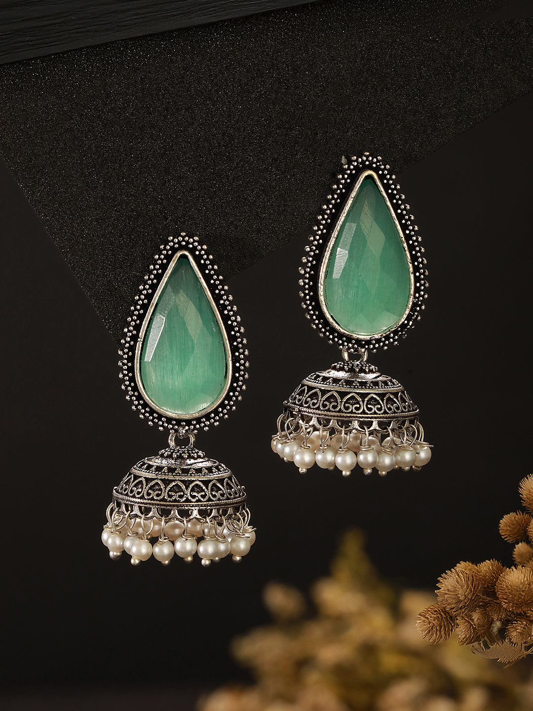 Oxidised Silver-Toned Green Stone & Pearl Beaded Teardrop Stone Handcrafted Jhumka Earrings