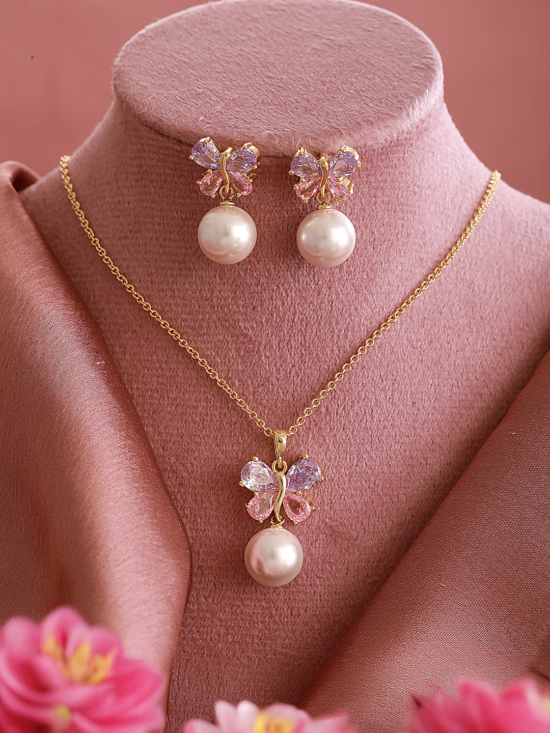 Elegant Butterfly Pearl Pendant Necklace & Earrings Set for Women