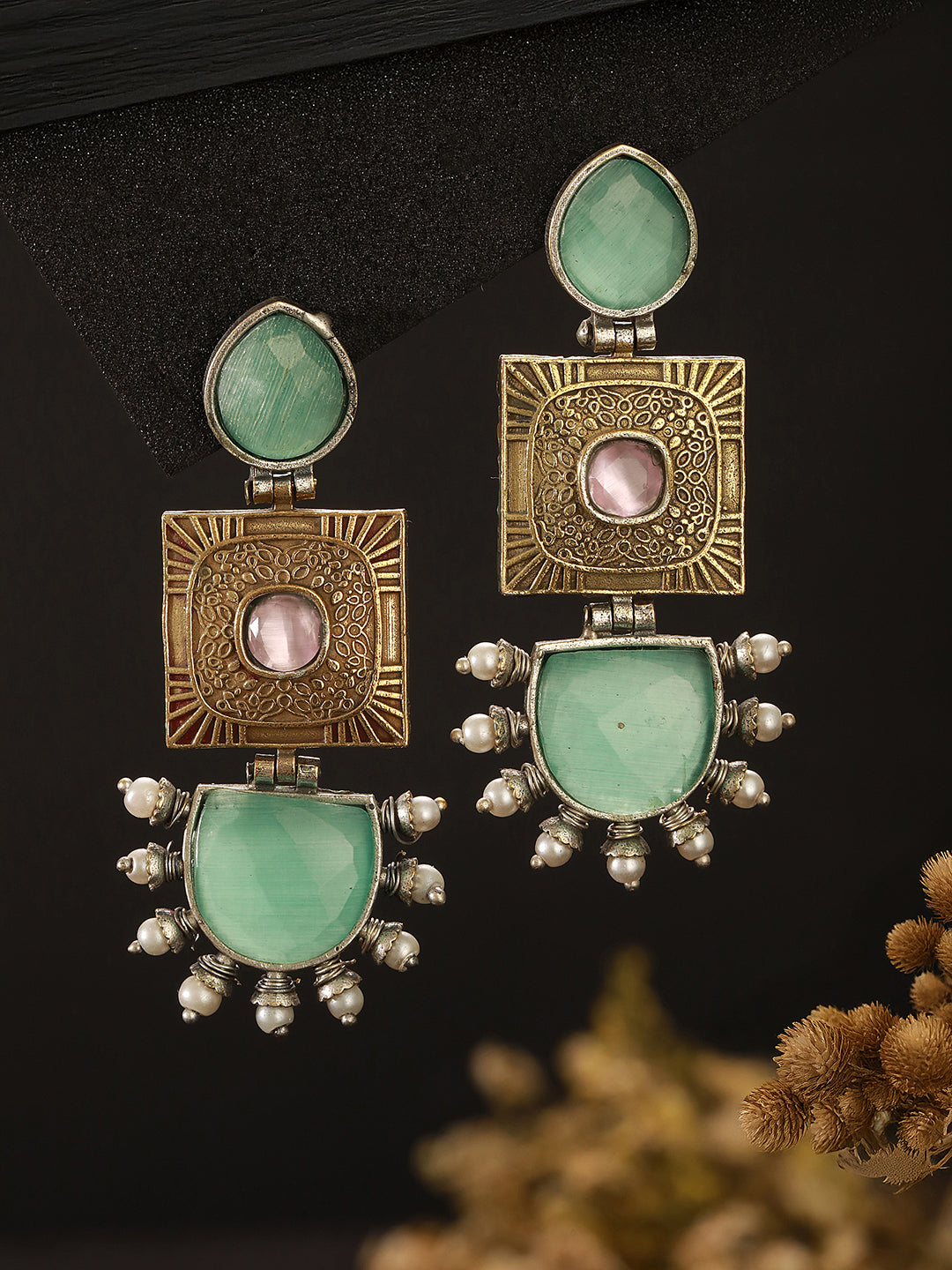 Oxidised Gold Toned Mint Stone Studded Contemporary Tribal Long dangler Earrings