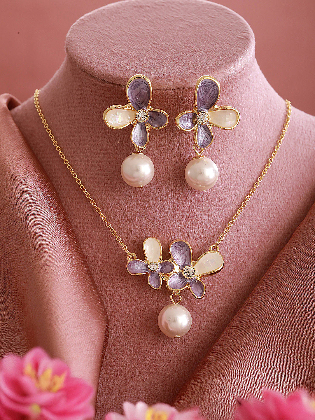 Floral Butterfly Pearl Pendant Necklace & Earrings Set