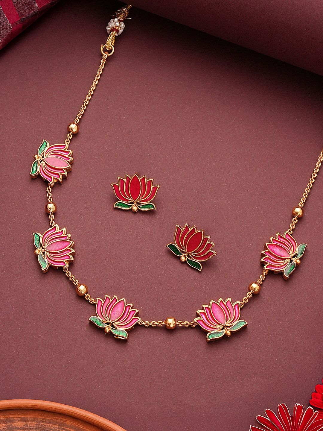 Elegant Lotus Motif Gold-Plated Necklace & Earrings Set