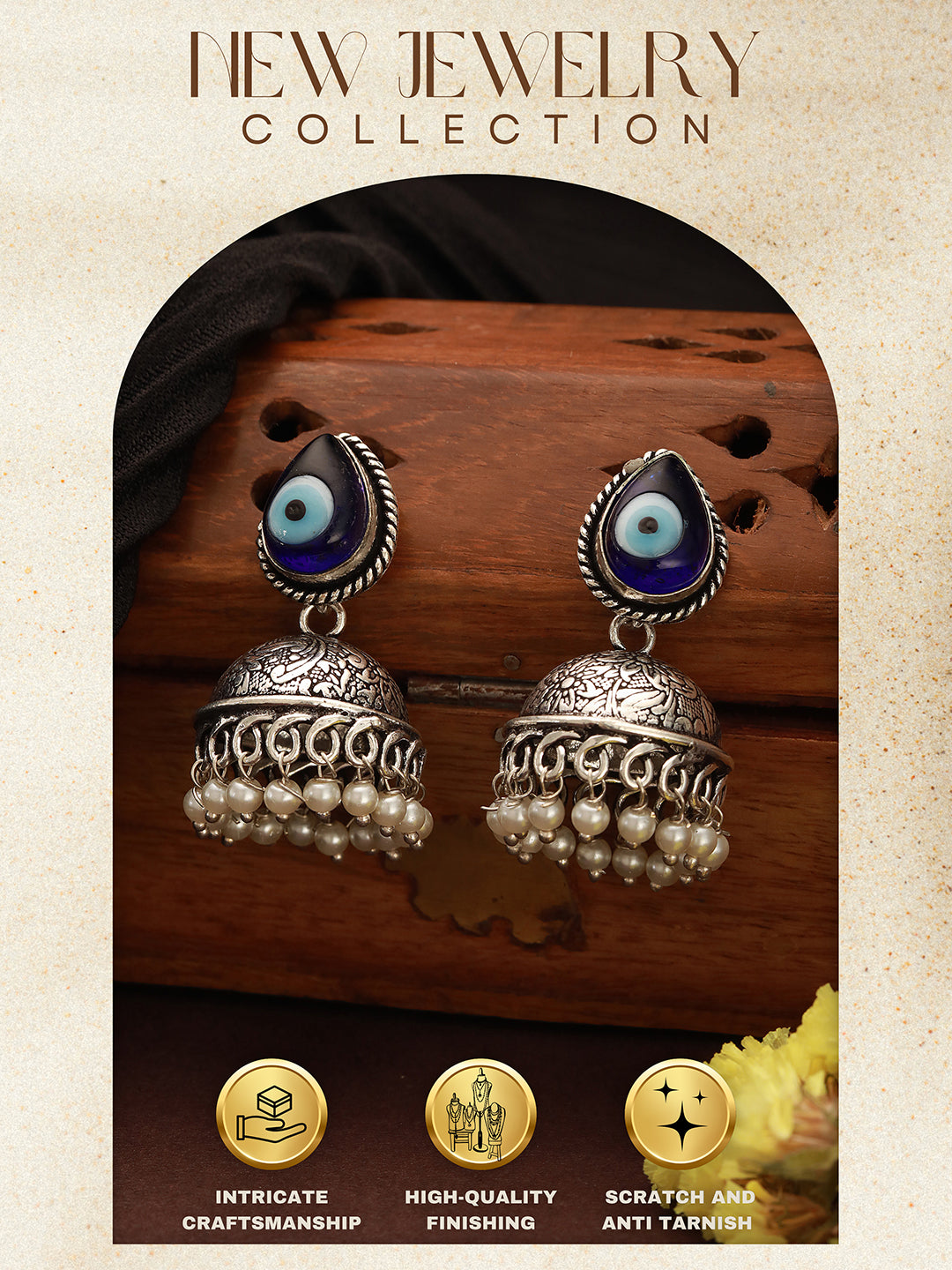 Oxidised Silver Toned Evil Eye Handcrafted  Minimal Trendy Jhumka Earrings