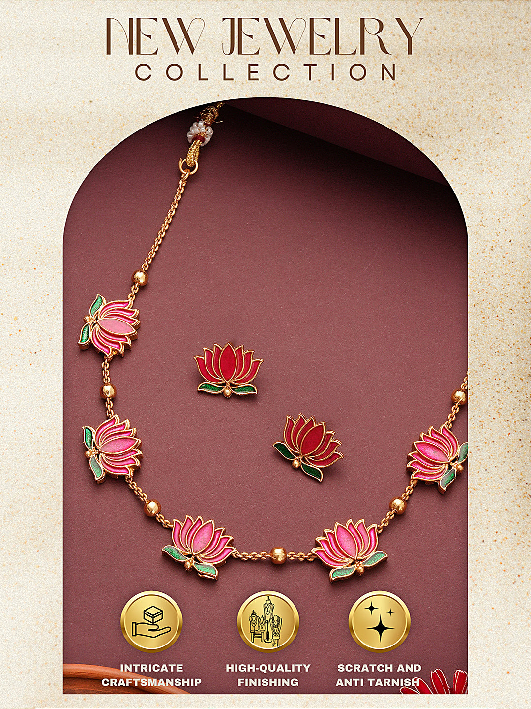 Elegant Lotus Motif Gold-Plated Necklace & Earrings Set