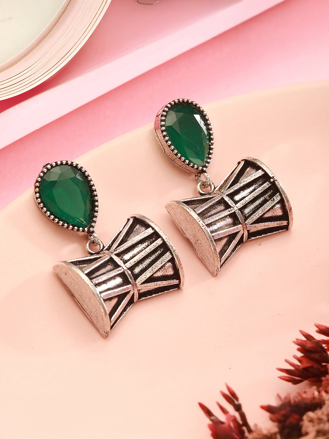 Oxidised Silver Toned Emerald AD Zircon Studded Handcrafted  Damru Shaped Studds Earrings