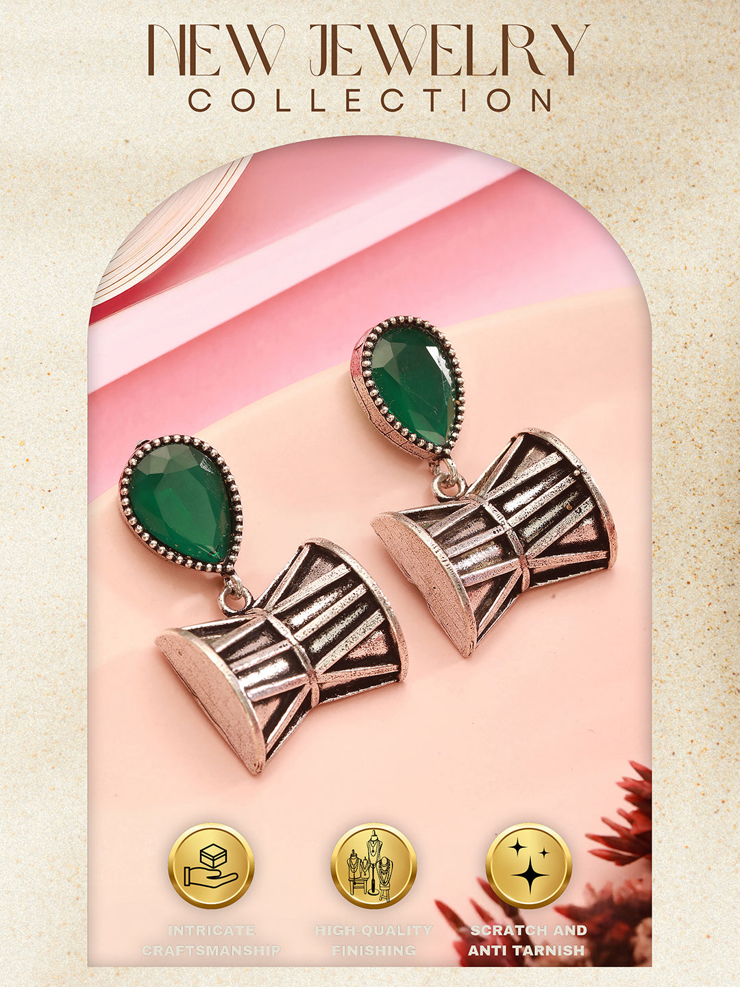 Oxidised Silver Toned Emerald AD Zircon Studded Handcrafted  Damru Shaped Studds Earrings