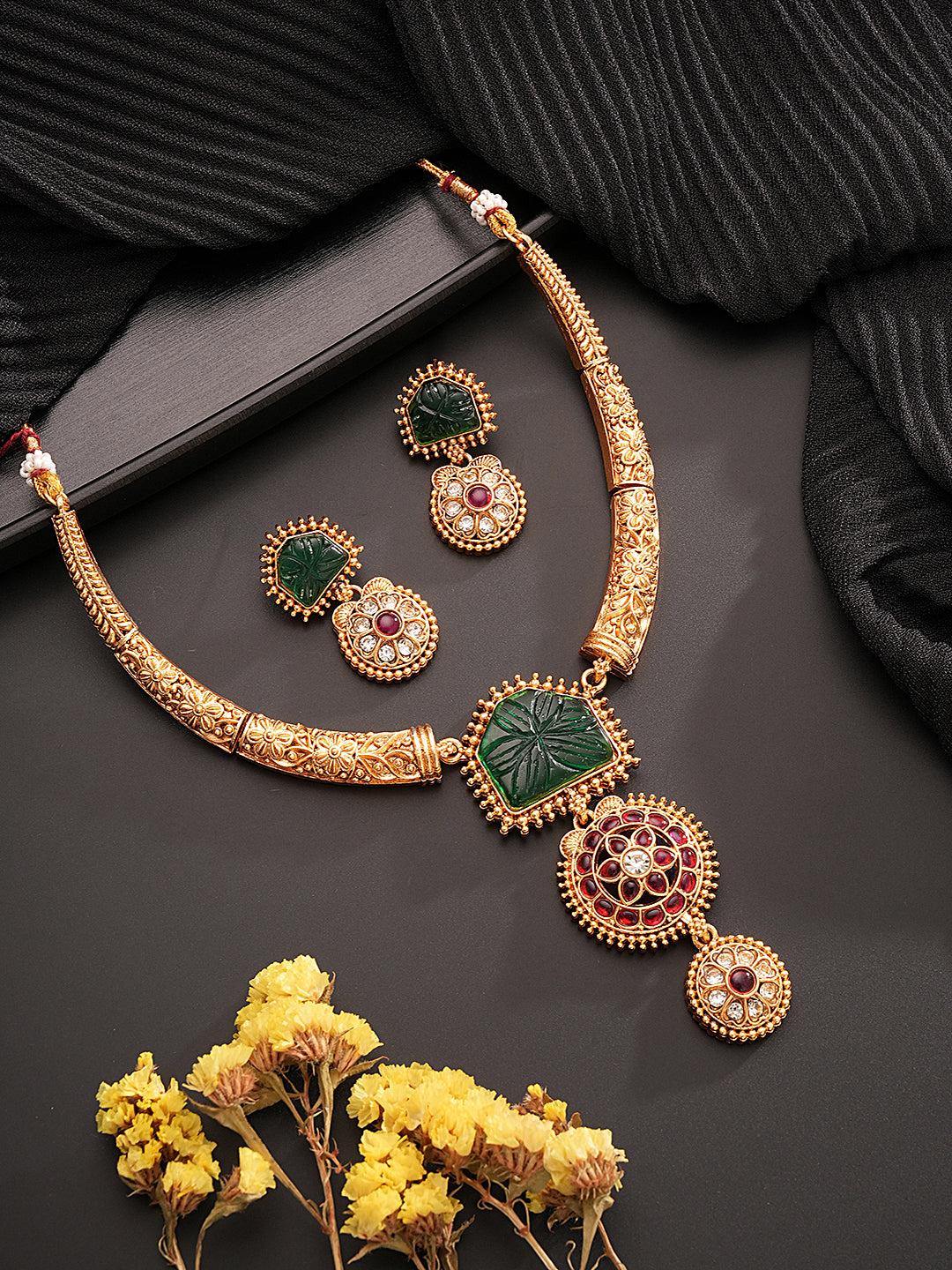 Traditional Gold Jewelry Set with Green and Red Stones