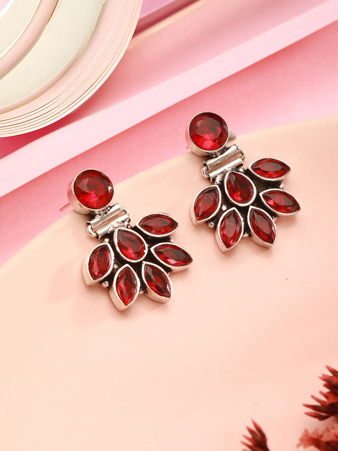 Silver Toned Fiery Red AD Zircon Studded Floral Minimal Earrings