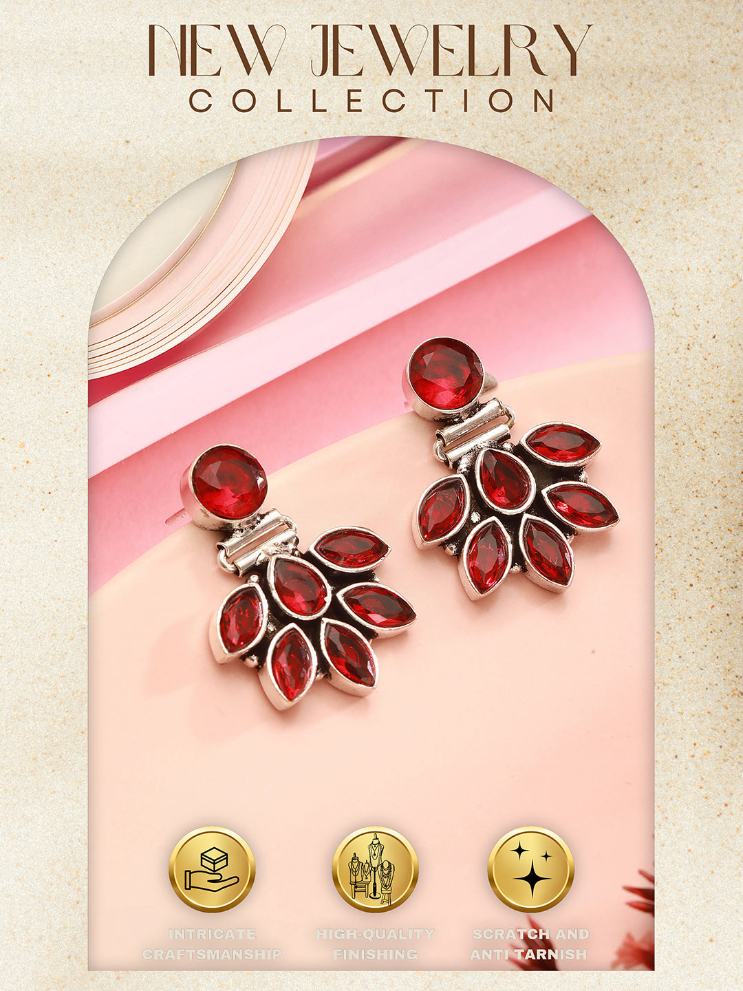 Silver Toned Fiery Red AD Zircon Studded Floral Minimal Earrings