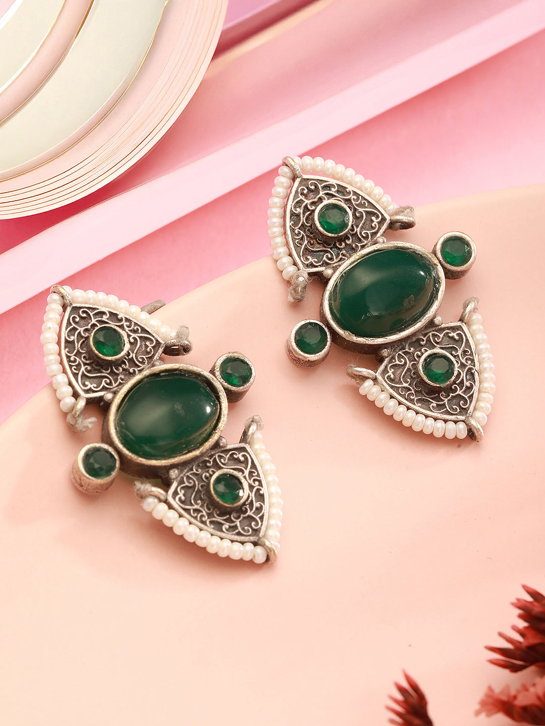 Oxidised Silver Toned Green Stone Studded Unique Pearl Beaded Handcrafted Studds earrings