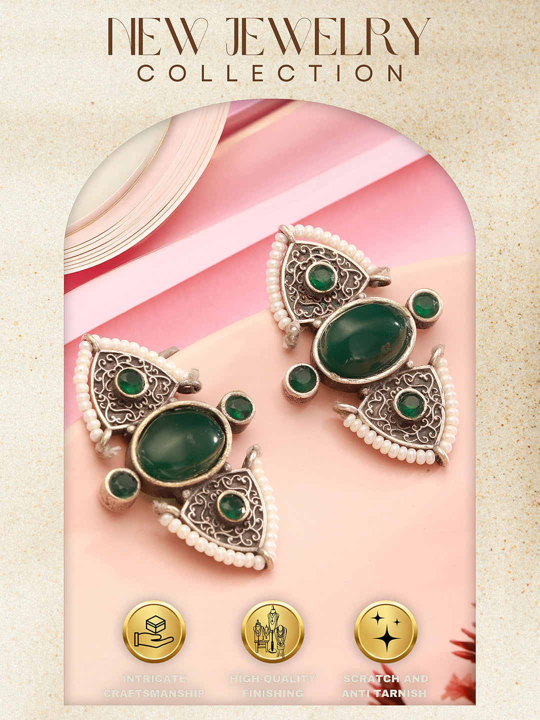 Oxidised Silver Toned Green Stone Studded Unique Pearl Beaded Handcrafted Studds earrings