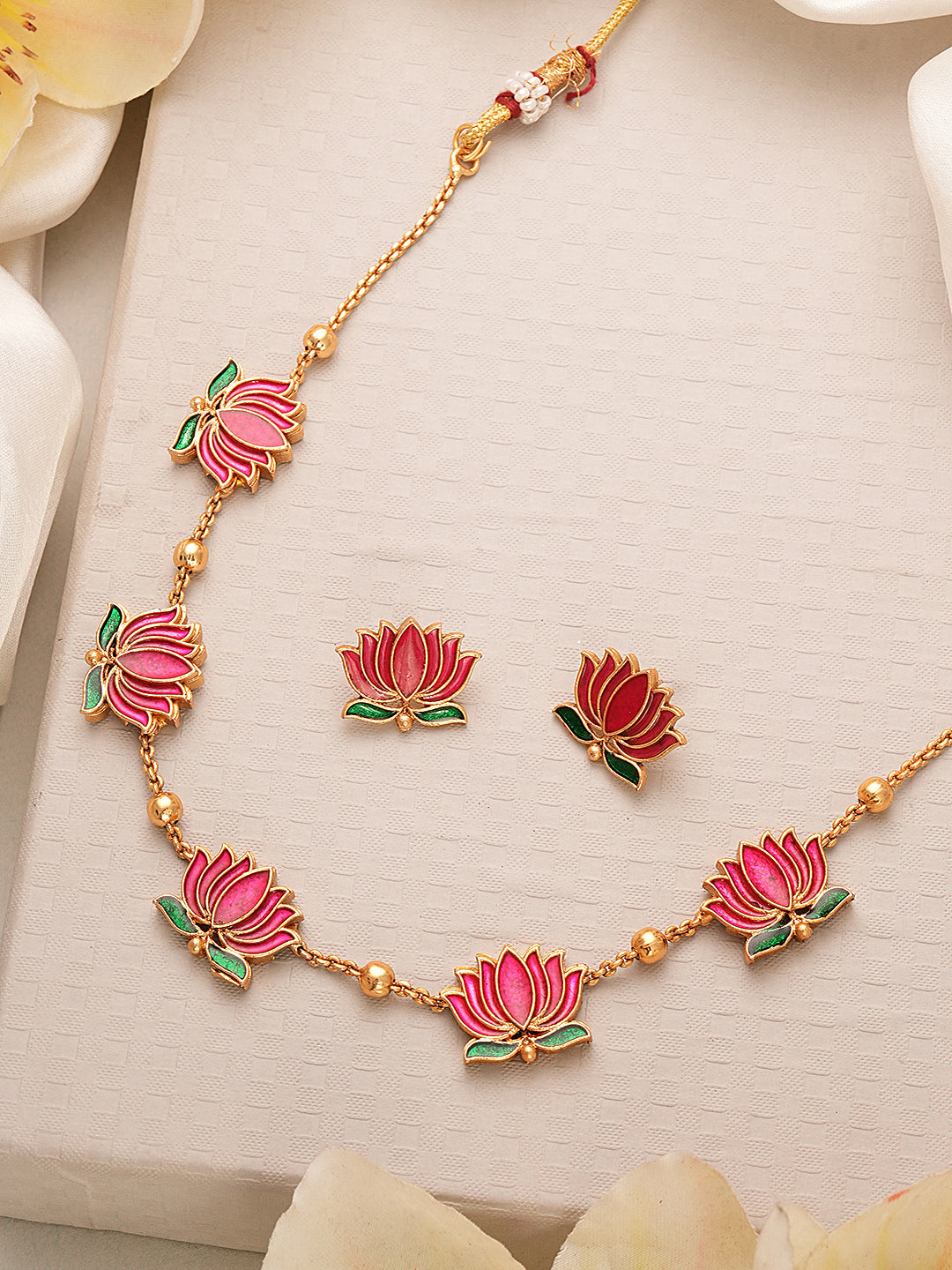 Elegant Lotus Motif Gold-Plated Necklace & Earrings Set