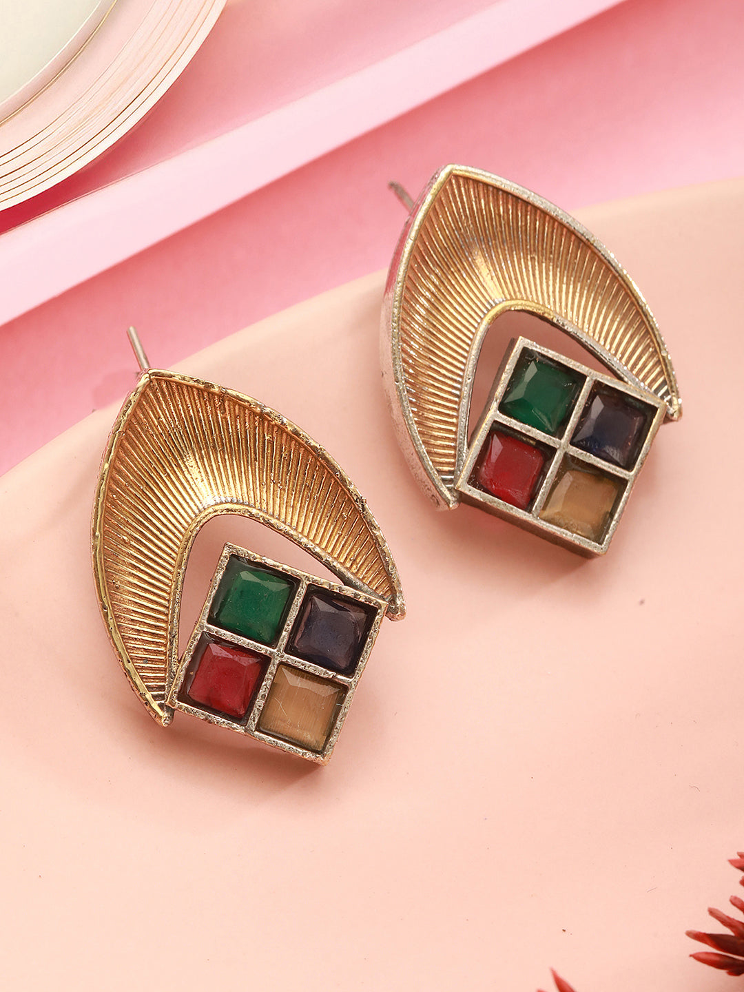 Oxidised Matt Gold Plated Multicolored Stone Studded Contemporary Minimal Studds Earrings