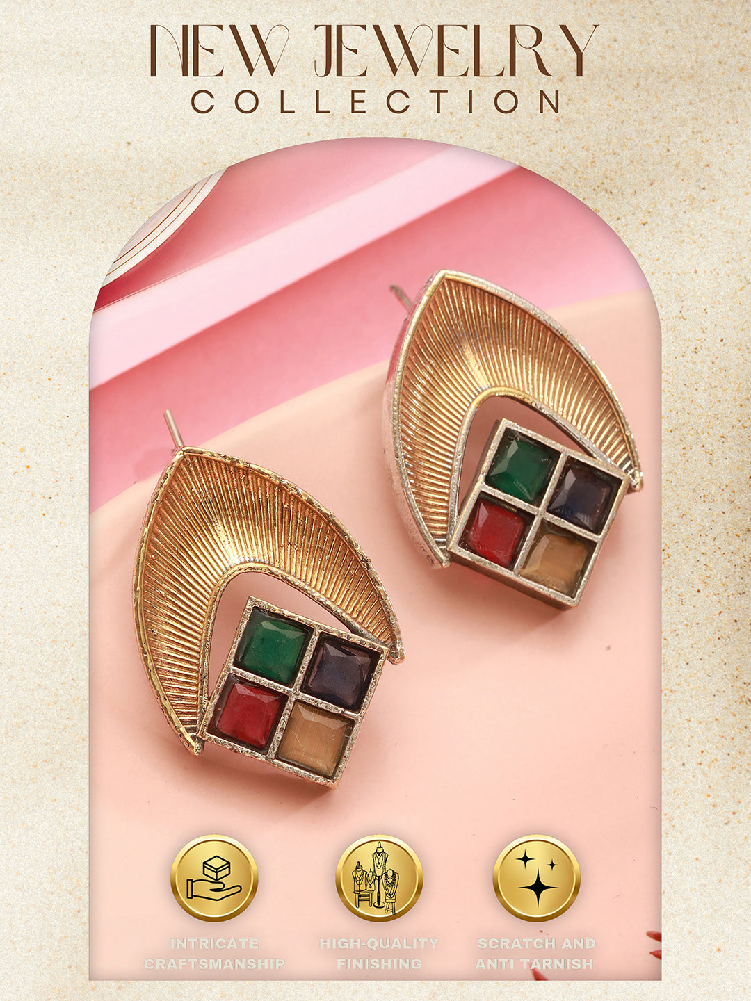 Oxidised Matt Gold Plated Multicolored Stone Studded Contemporary Minimal Studds Earrings