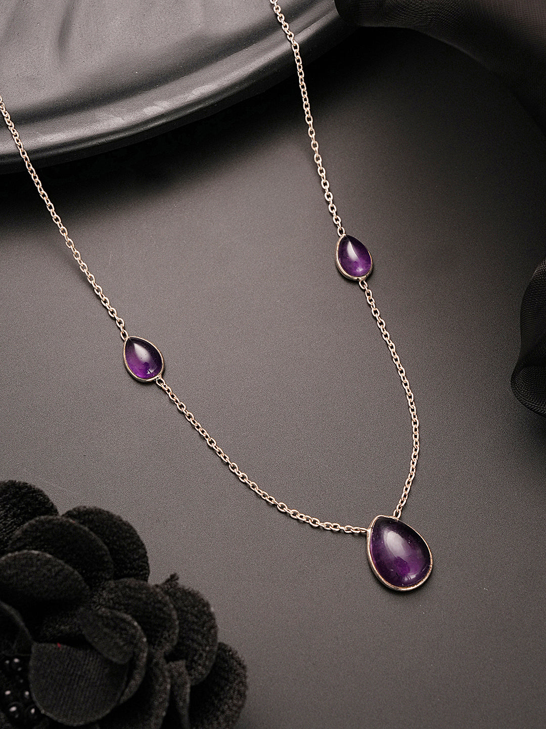 925 Sterling Silver Amethyst Gemstone Studded Minimal Boho Necklace & Chain