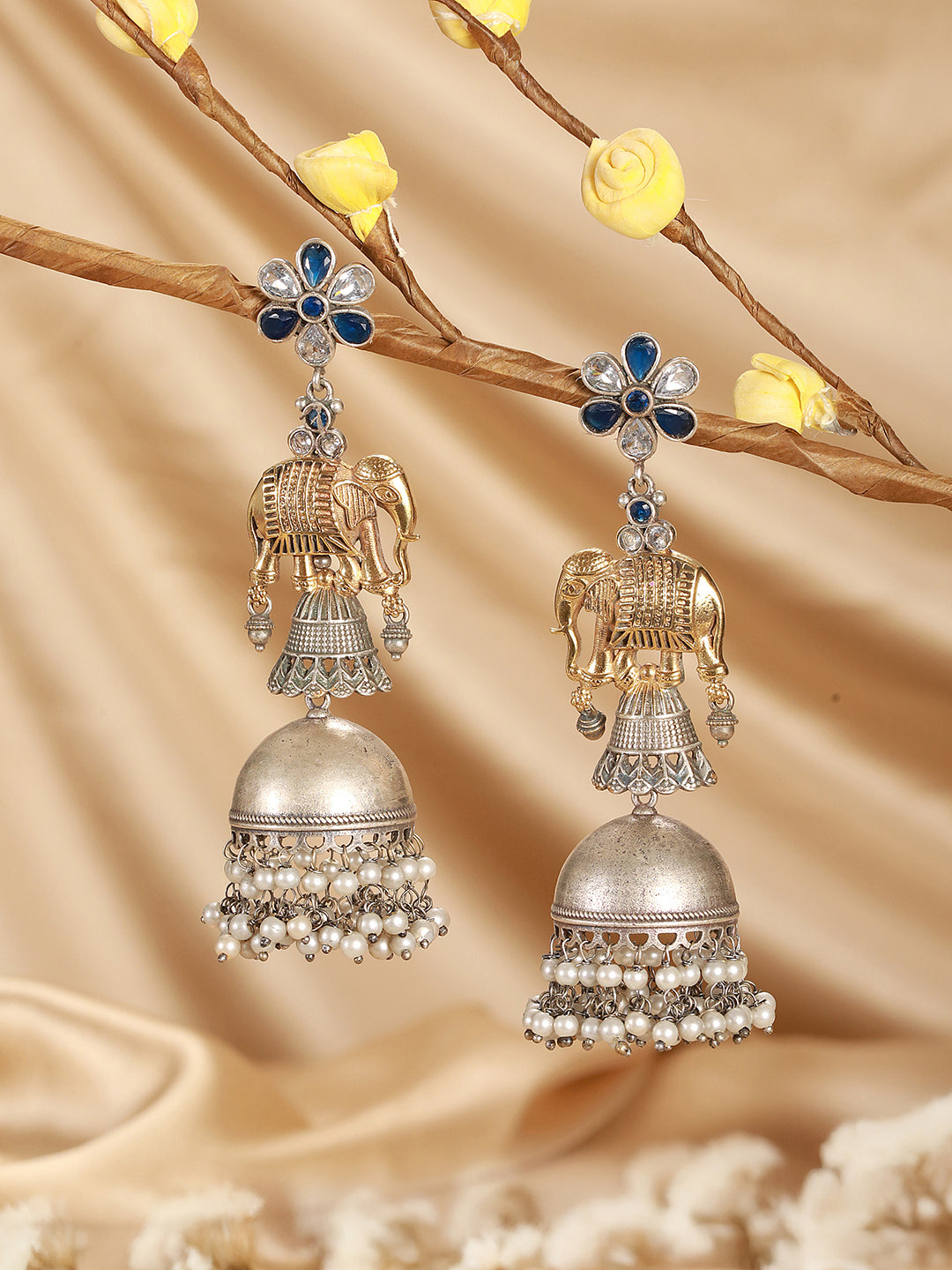 Oxidised Silver Toned Pearl Beaded Floral Elephant  Design Contemporary Dangler  Jhumka Earrings