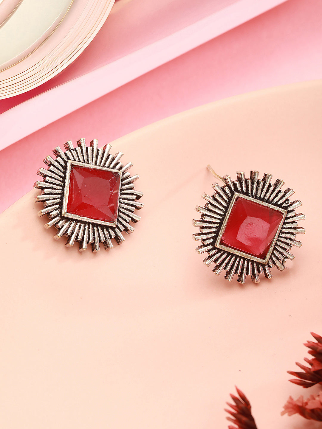 Oxidised Silver Toned Ruby Red  Stone Studded Geometric Square Shaped Minimal Studds Earrings