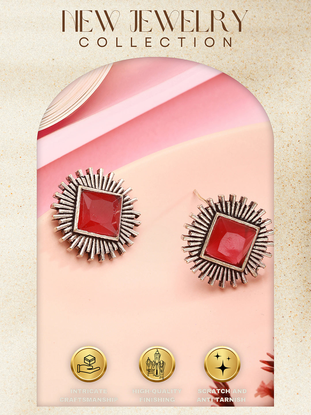 Oxidised Silver Toned Ruby Red  Stone Studded Geometric Square Shaped Minimal Studds Earrings