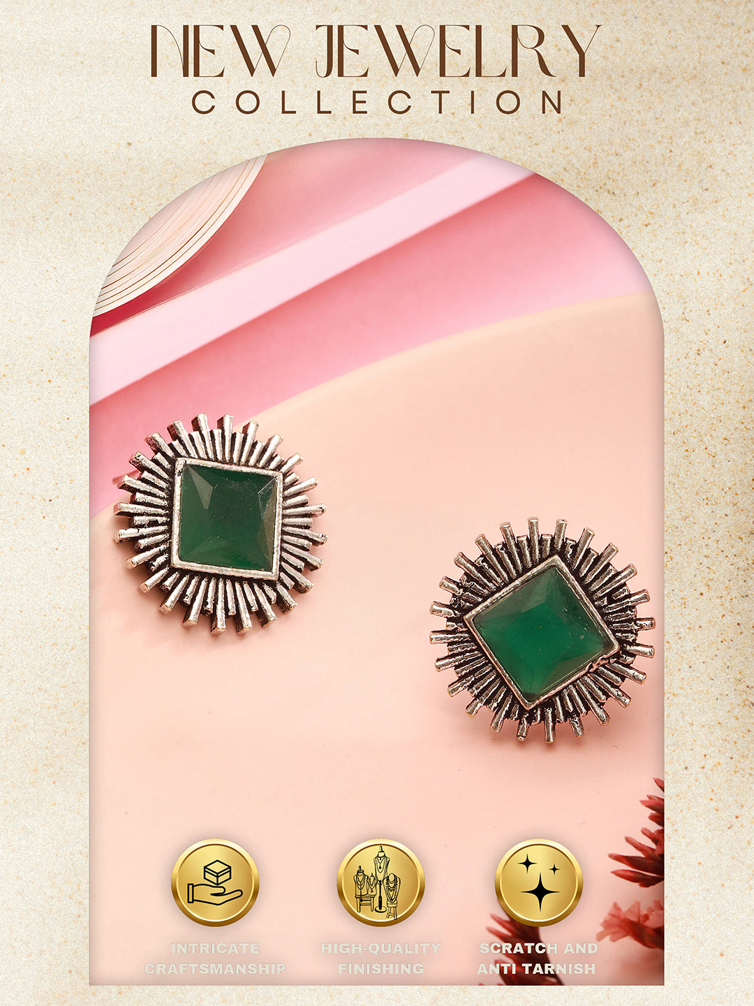 Oxidised Silver Toned  Emerald Green  Stone Studded Geometric Square Shaped Minimal Studds Earrings