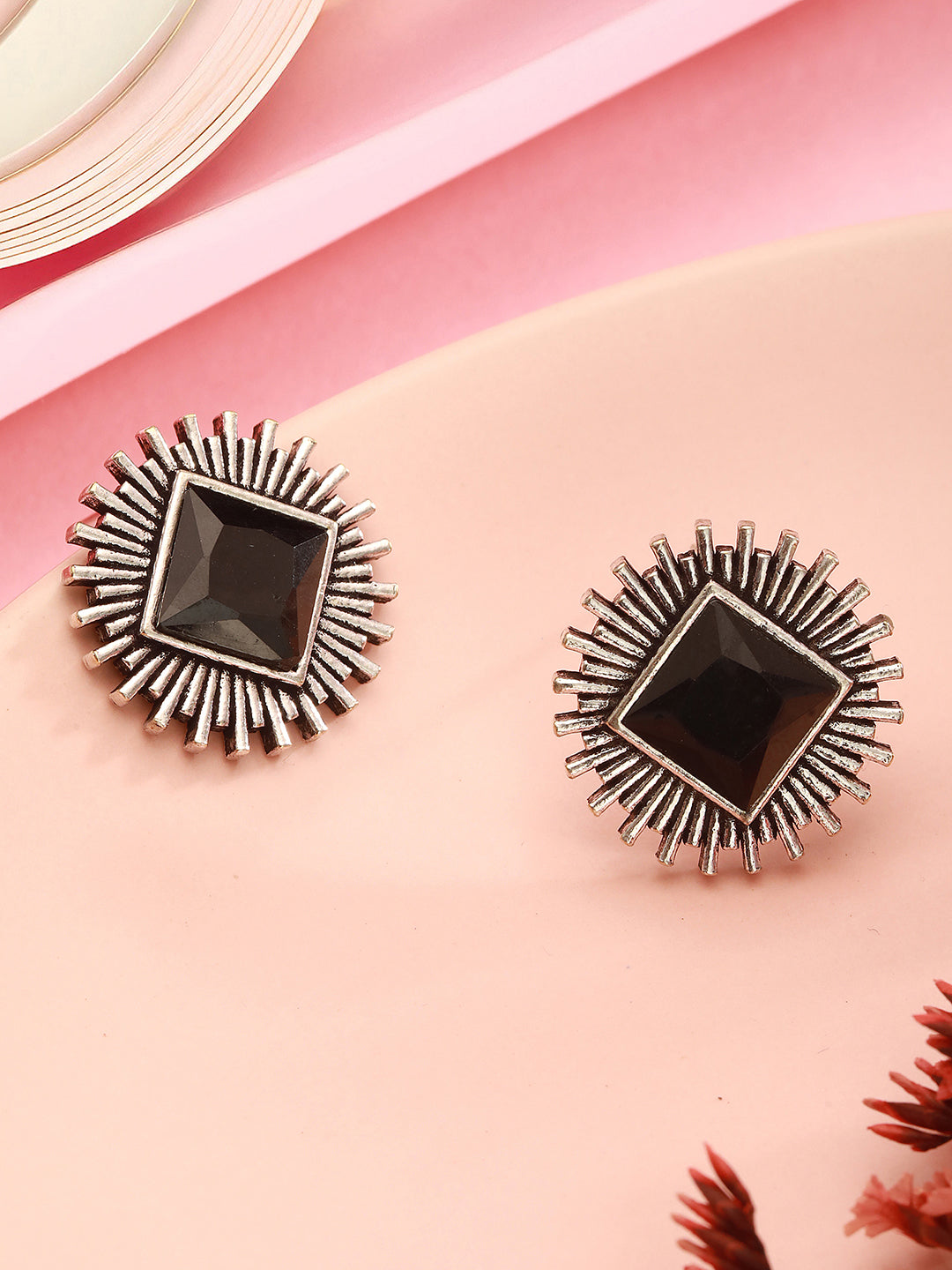 Oxidised Silver Toned  Black Stone Studded Geometric Square Shaped Minimal Studds Earrings