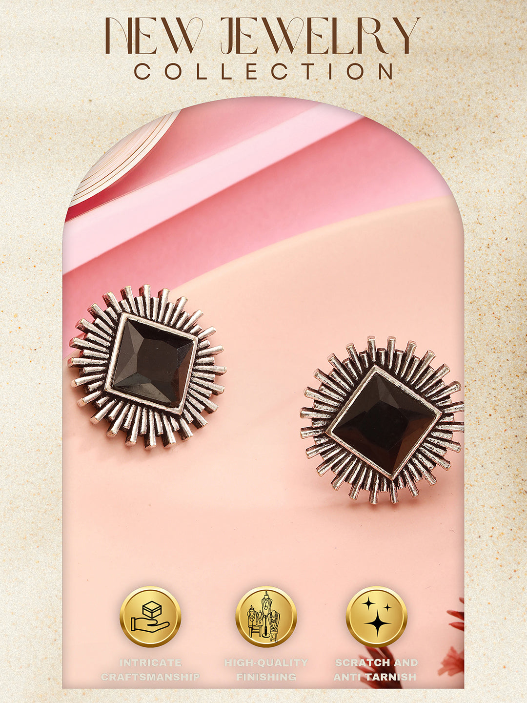 Oxidised Silver Toned  Black Stone Studded Geometric Square Shaped Minimal Studds Earrings