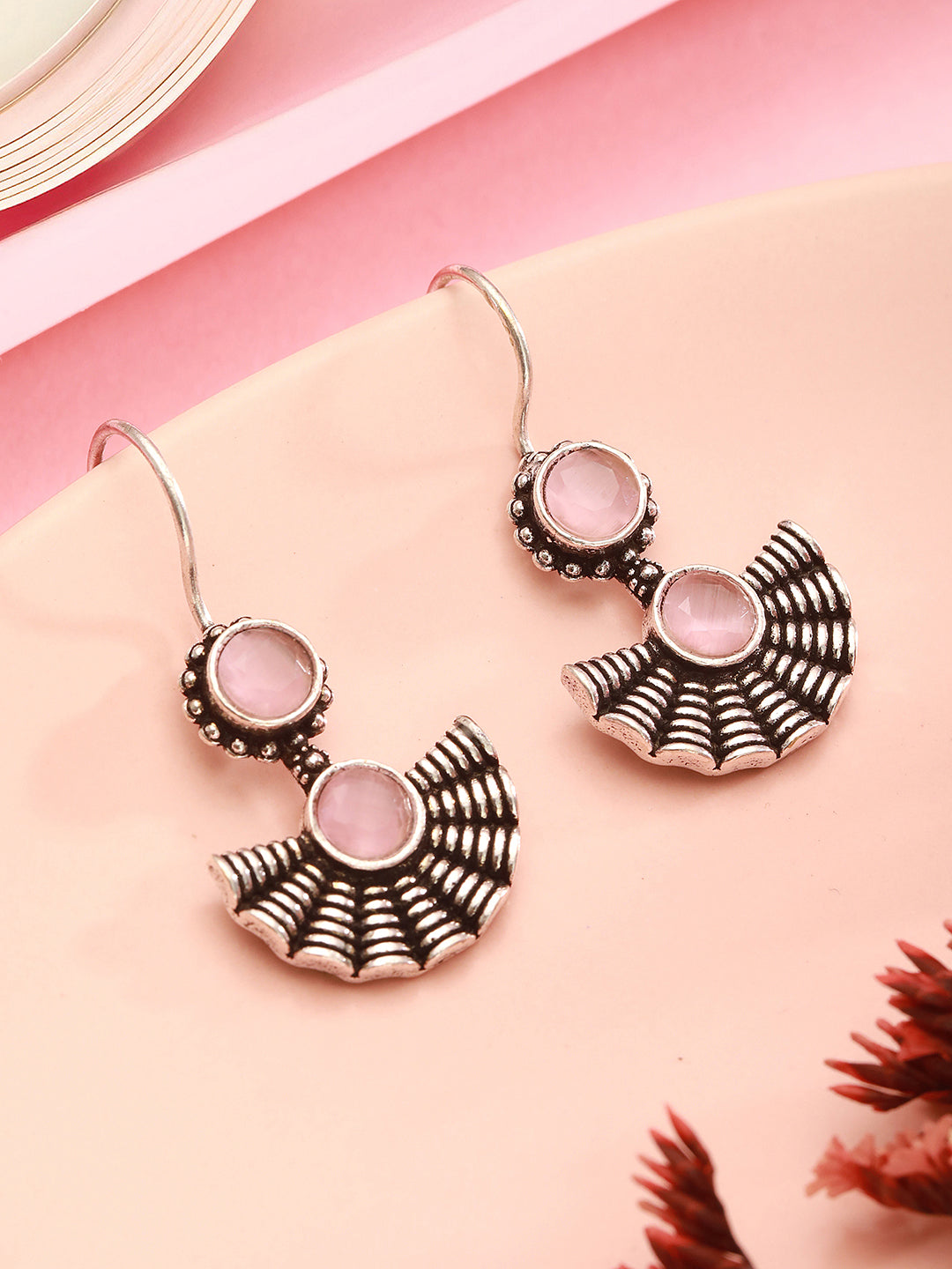 Oxidised Silver Plated Pink  Stone Studded Minimal Fan Shaped Fishhook Earrings