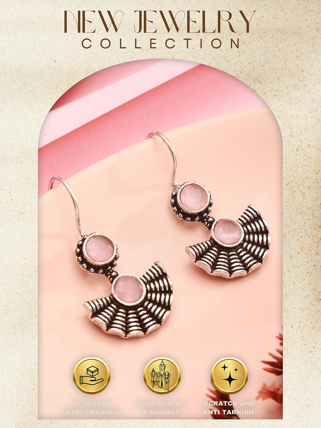 Oxidised Silver Plated Pink  Stone Studded Minimal Fan Shaped Fishhook Earrings